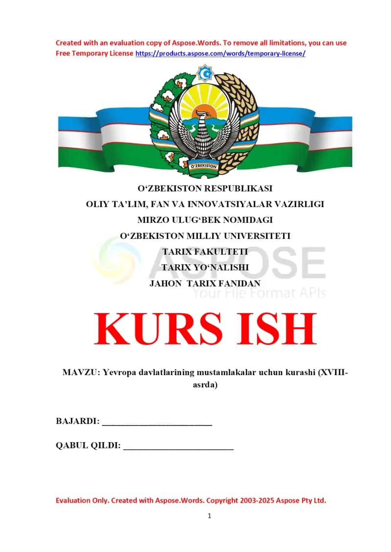 Yevropa davlatlarining mustamlakalar uchun kurashi (XVIII- asrda) 1