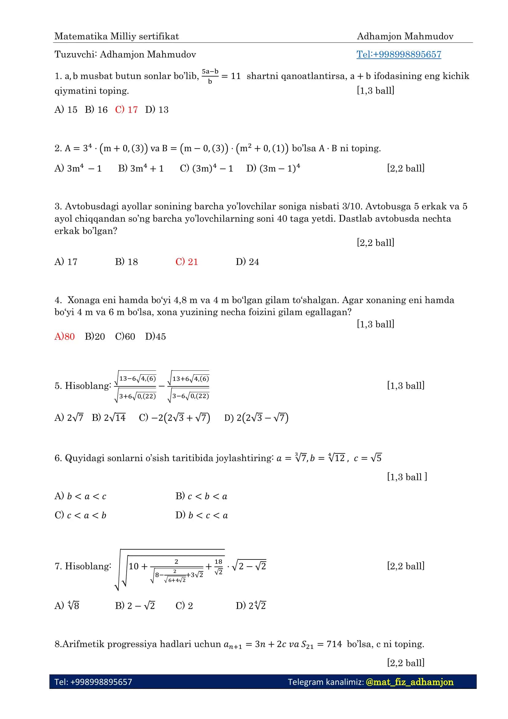 Matematika Milliy sertifikat 1