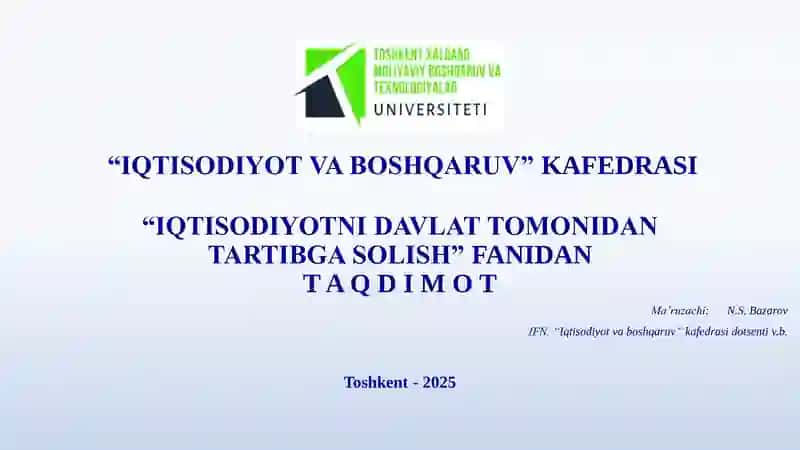 Bozor iqtisodiyotida narxning regulyatorlik 
vazifasi va uni davlat tomonidan tartibga solinishi