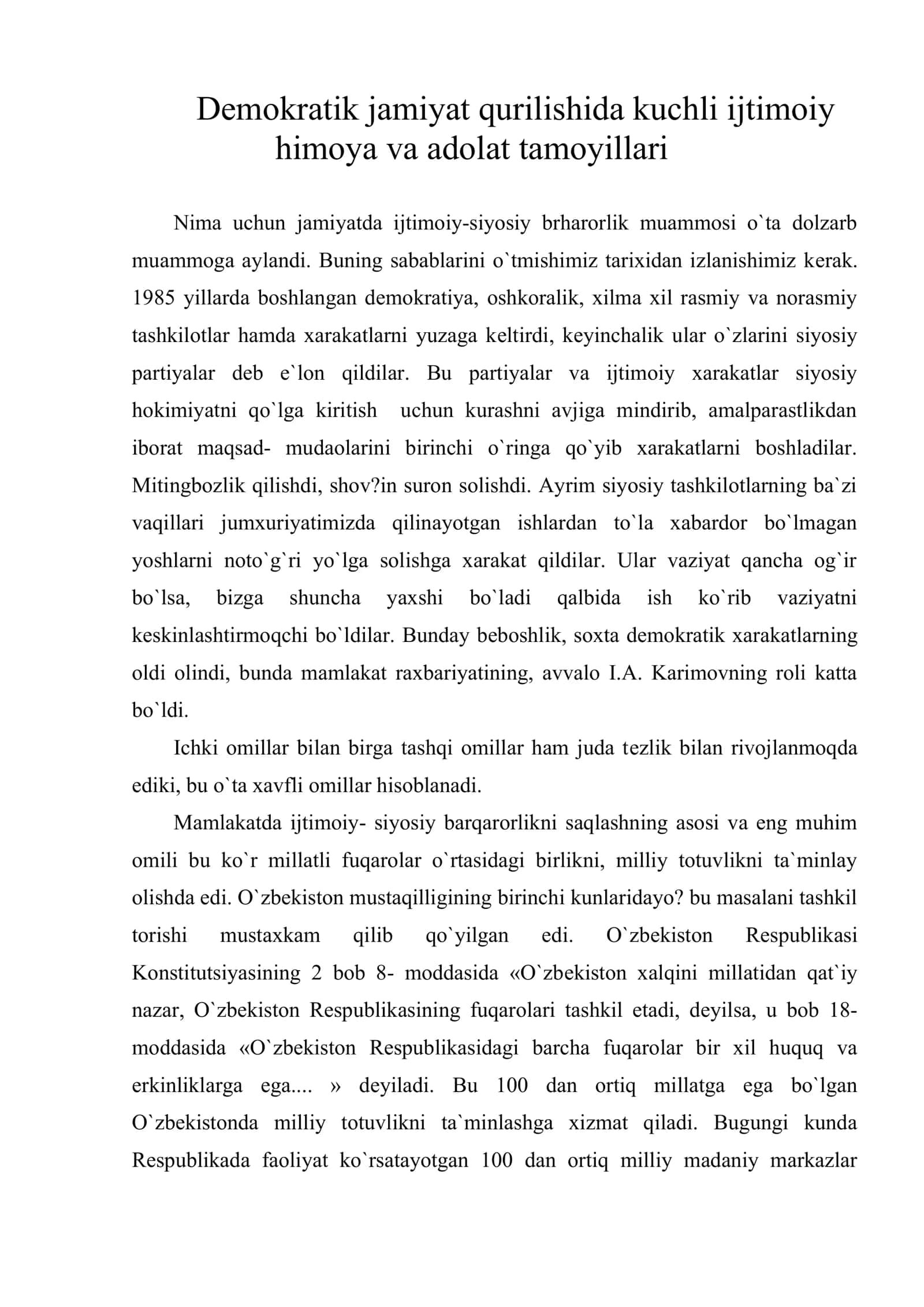 Dеmokratik jamiyat qurilishida kuchli ijtimoiy himoya va adolat tamoyillari 1