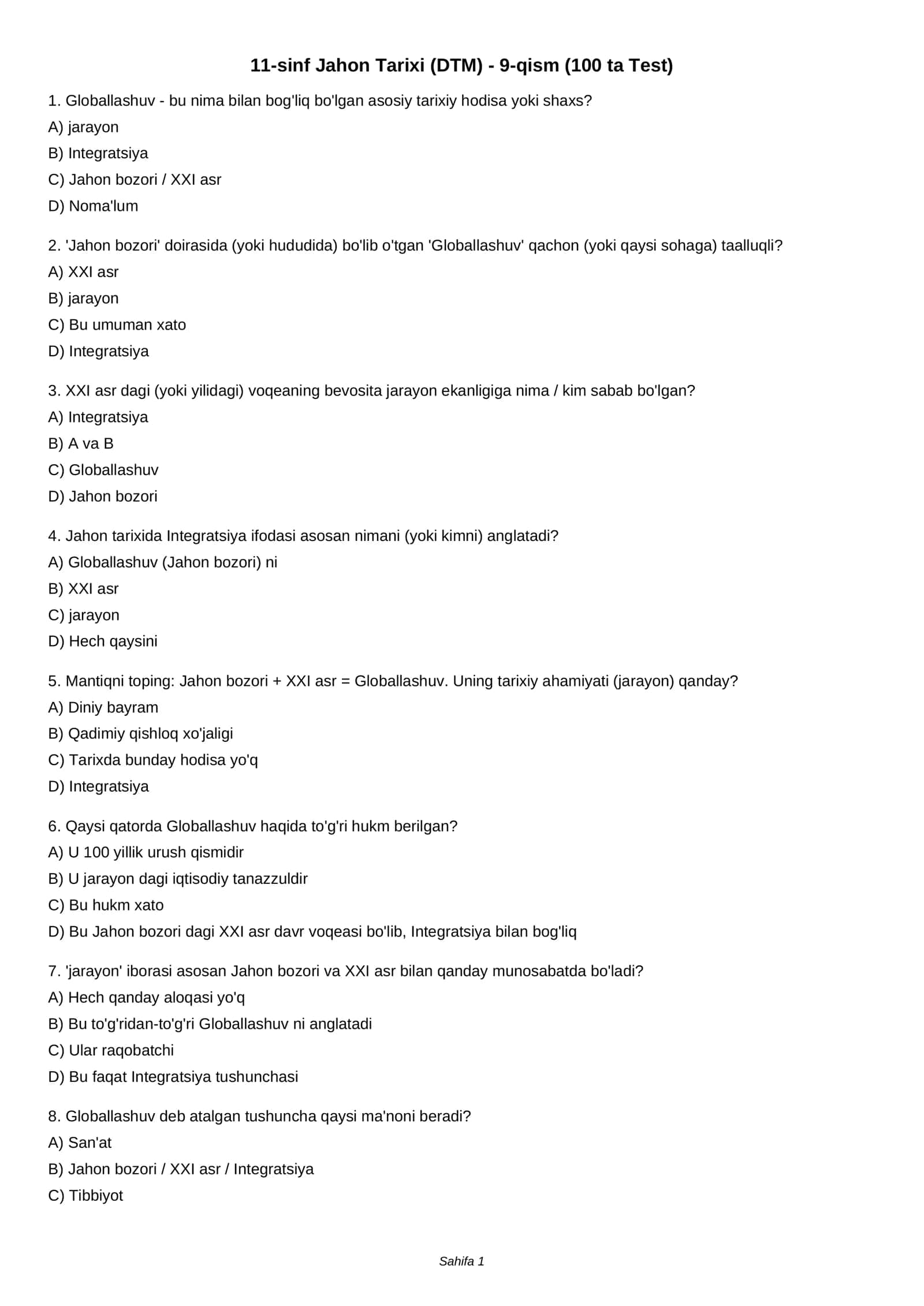11-sinf Jahon Tarixi (DTM) - 9-qism (100 ta Test) 1