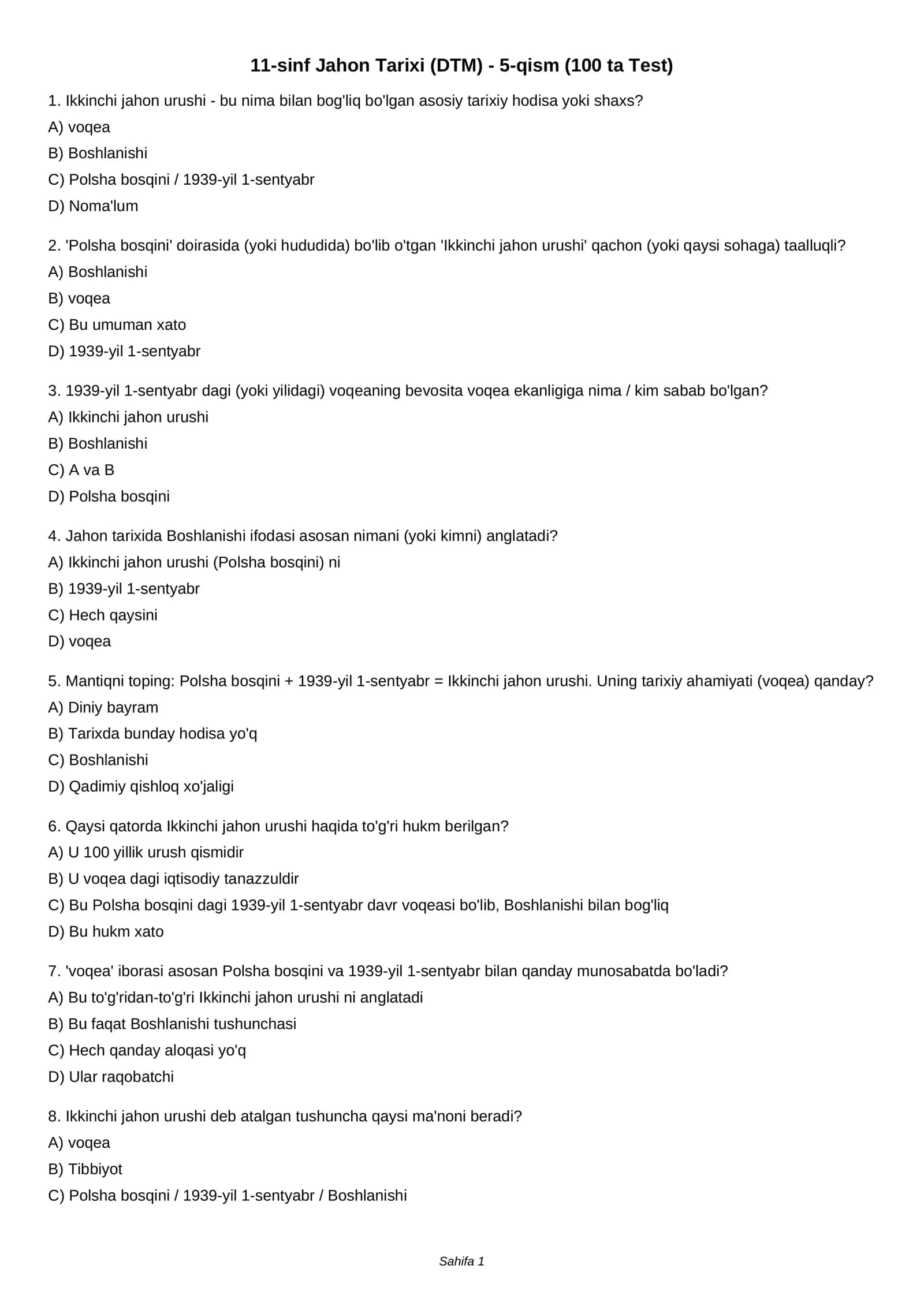 11-sinf Jahon Tarixi (DTM) - 5-qism (100 ta Test) 1