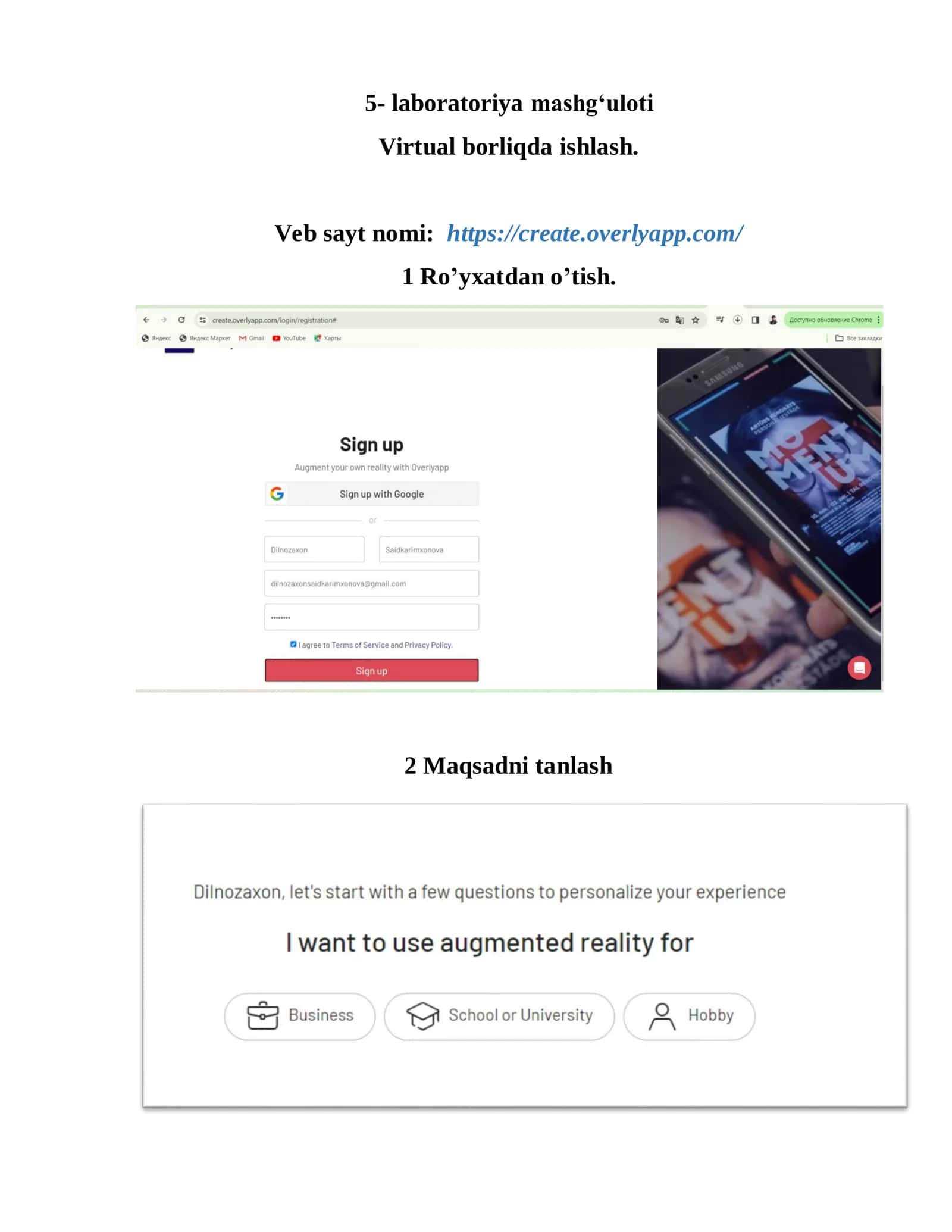 Virtual borliqda ishlash 1