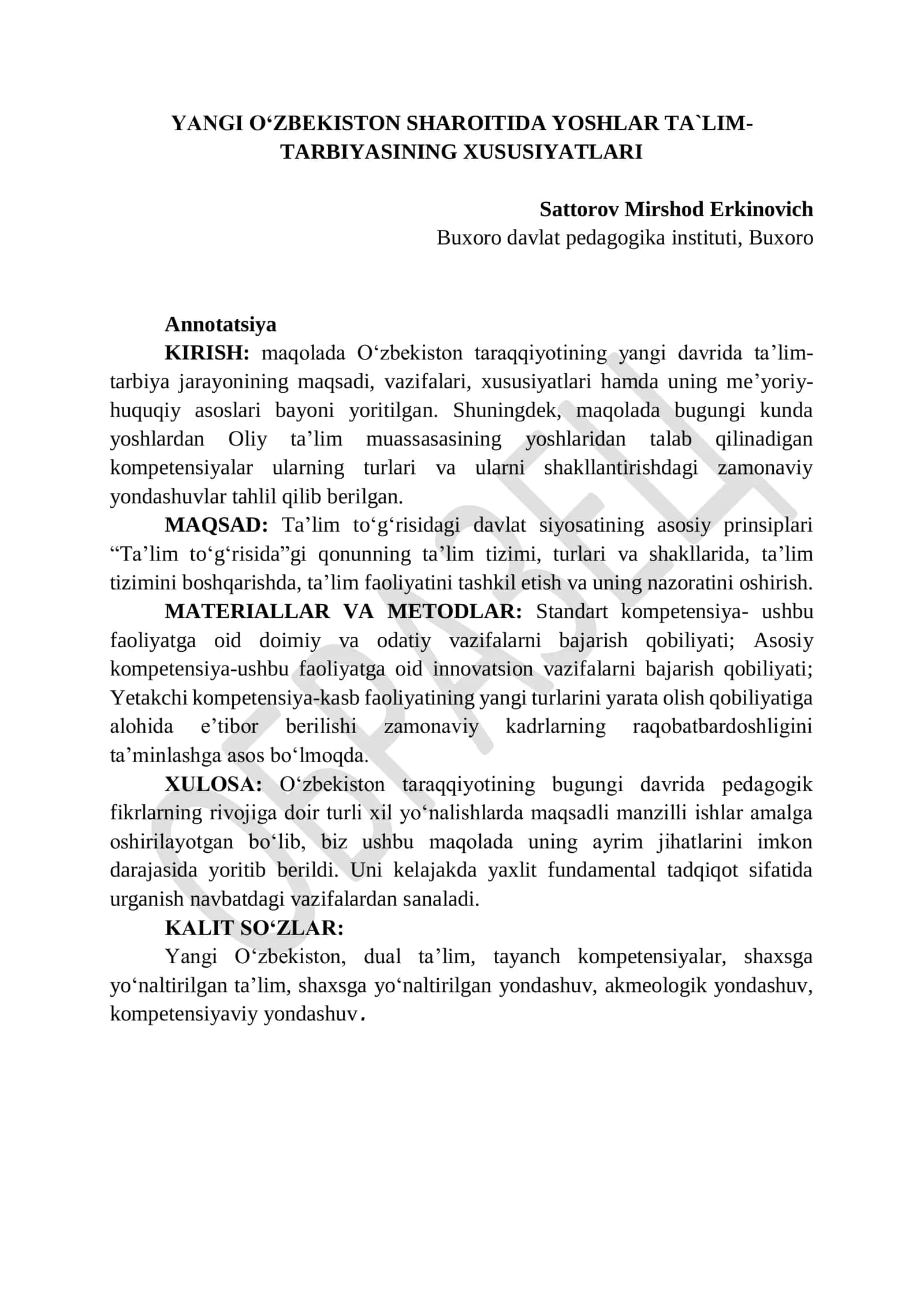 YANGI O‘ZBEKISTON SHAROITIDA YOSHLAR TA`LIM-TARBIYASINING XUSUSIYATLARI 1