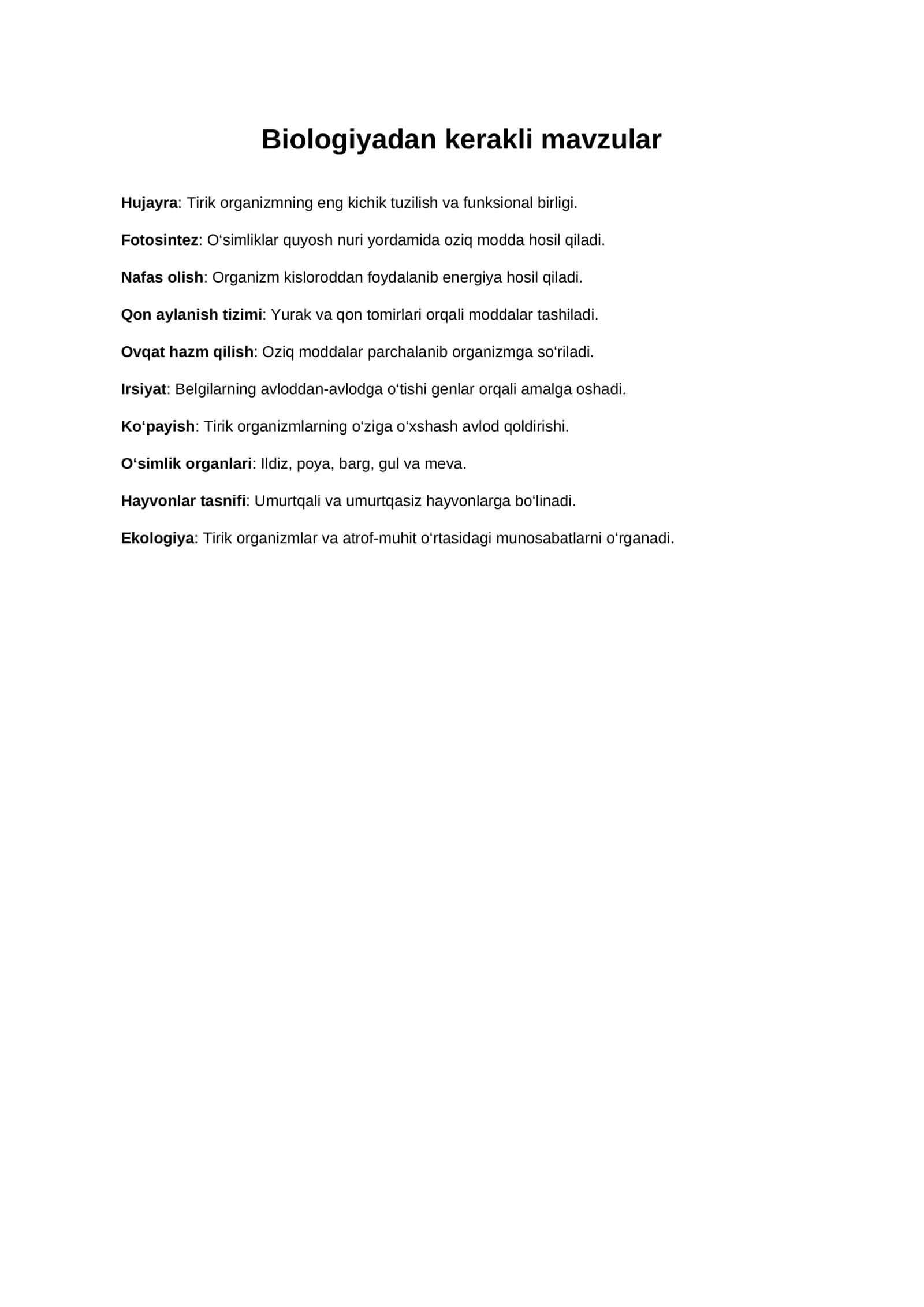 Biologiyadan kerakli mavzular 1