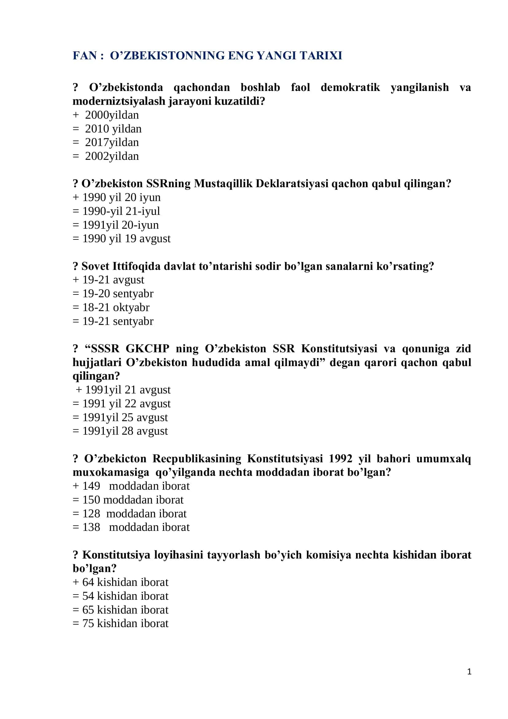 O’ZBEKISTONNING ENG YANGI TARIXI testlar 1
