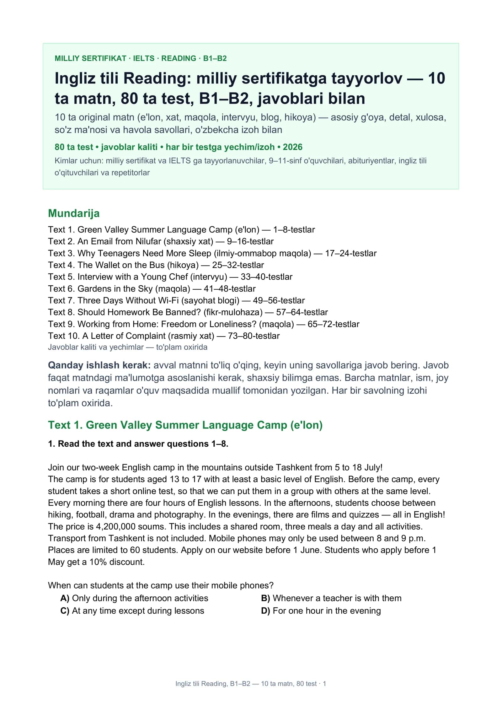 Ingliz tili Reading, B1–B2 1