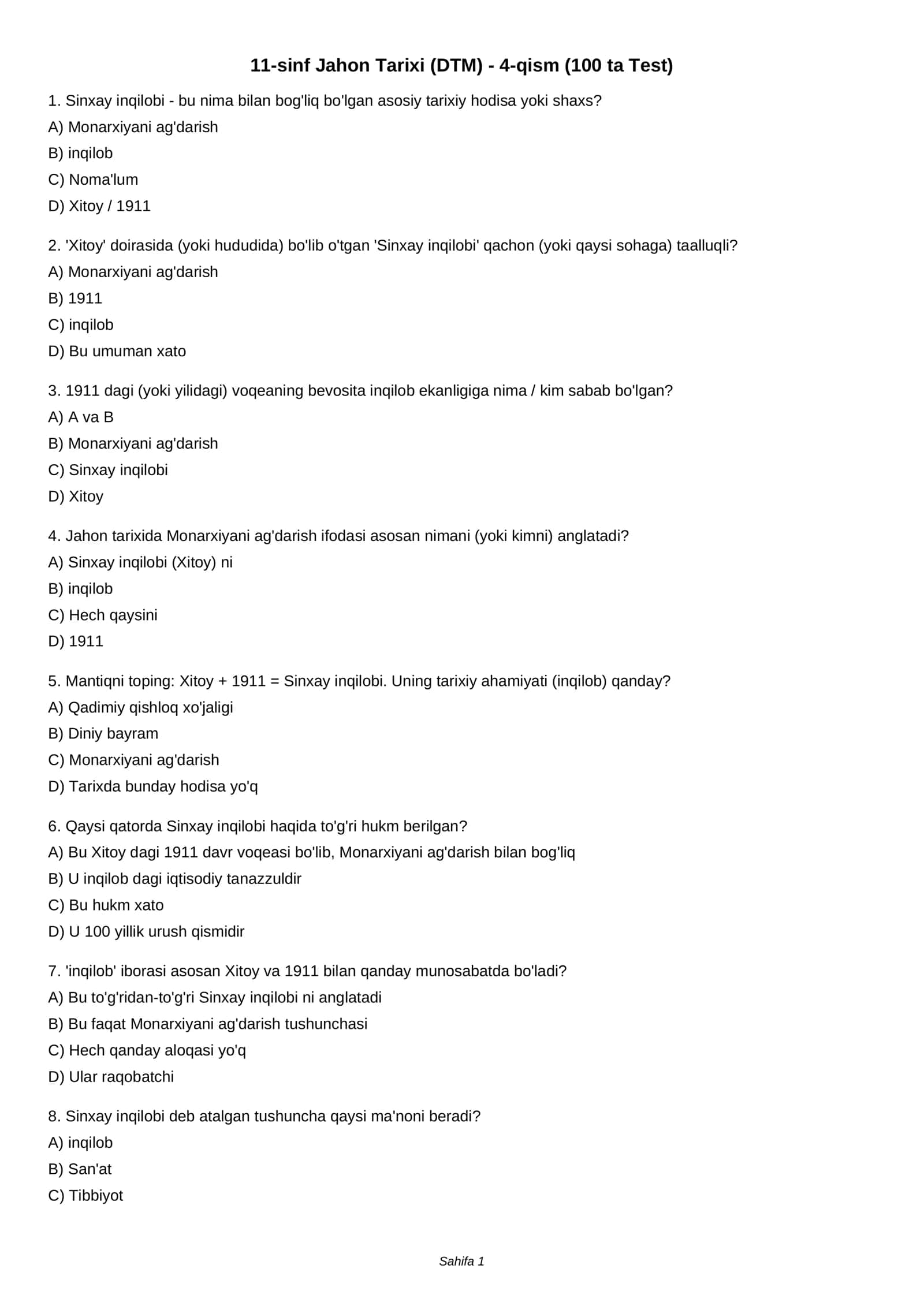 11-sinf Jahon Tarixi (DTM) - 4-qism (100 ta Test) 1