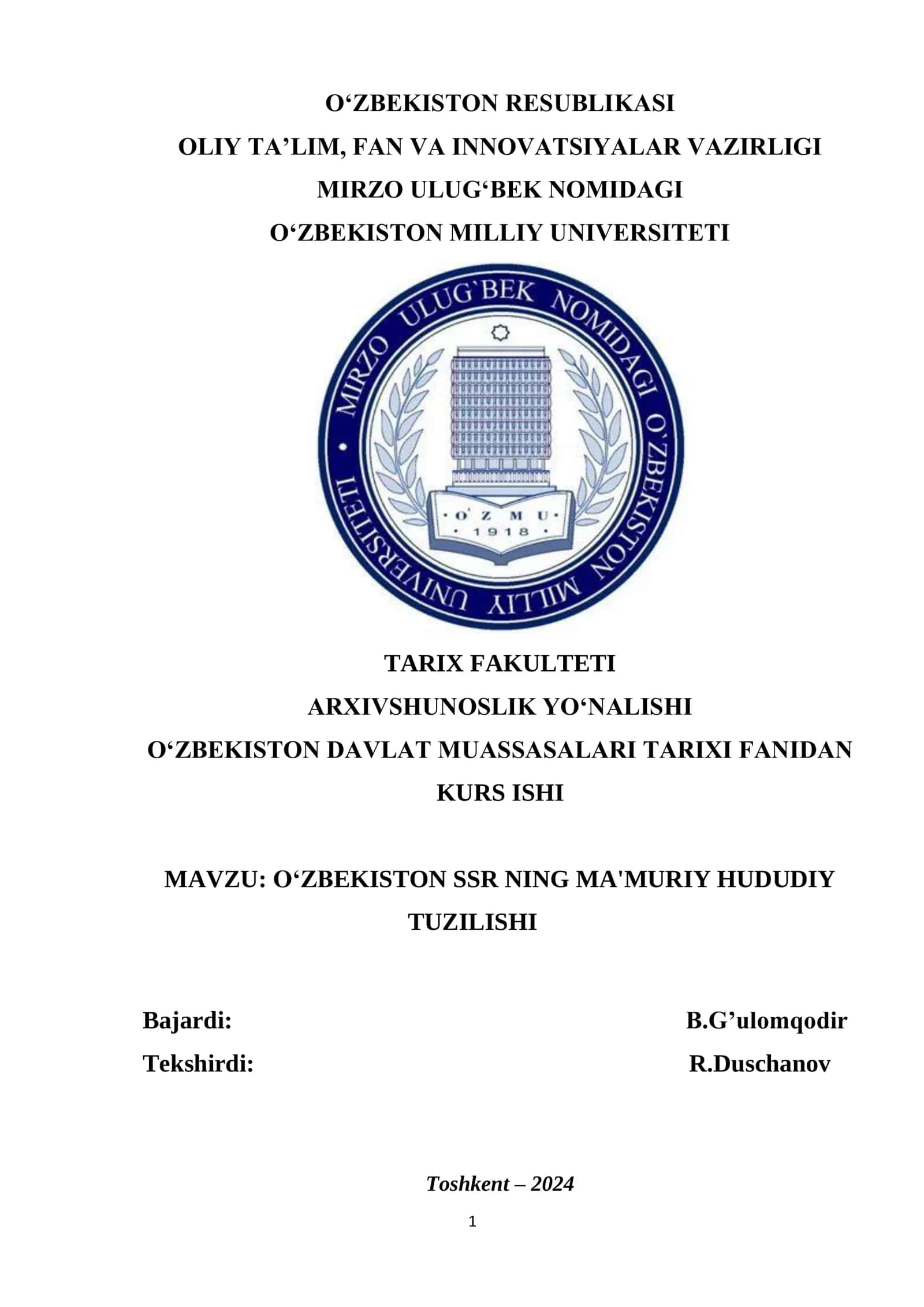 O‘ZBEKISTON SSR NING MA'MURIY HUDUDIY TUZILISHI 1