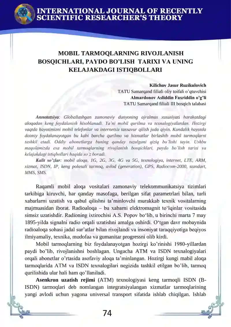 MOBIL TARMOQLARNING RIVOJLANISH BOSQICHLARI, PAYDO BO’LISH TARIXI VA UNING KELAJAKDAGI ISTIQBOLLARI