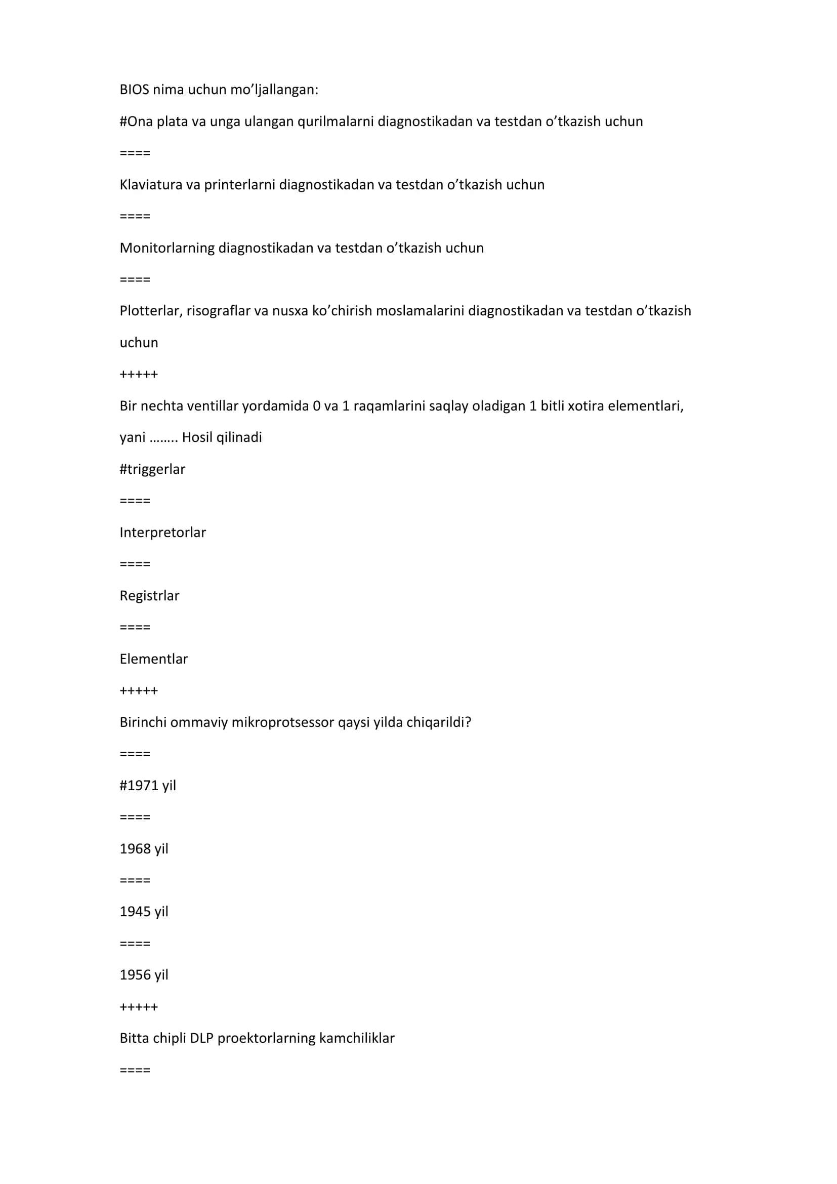 Kompyuterni tashkil etilishi test savollari javoblari 1