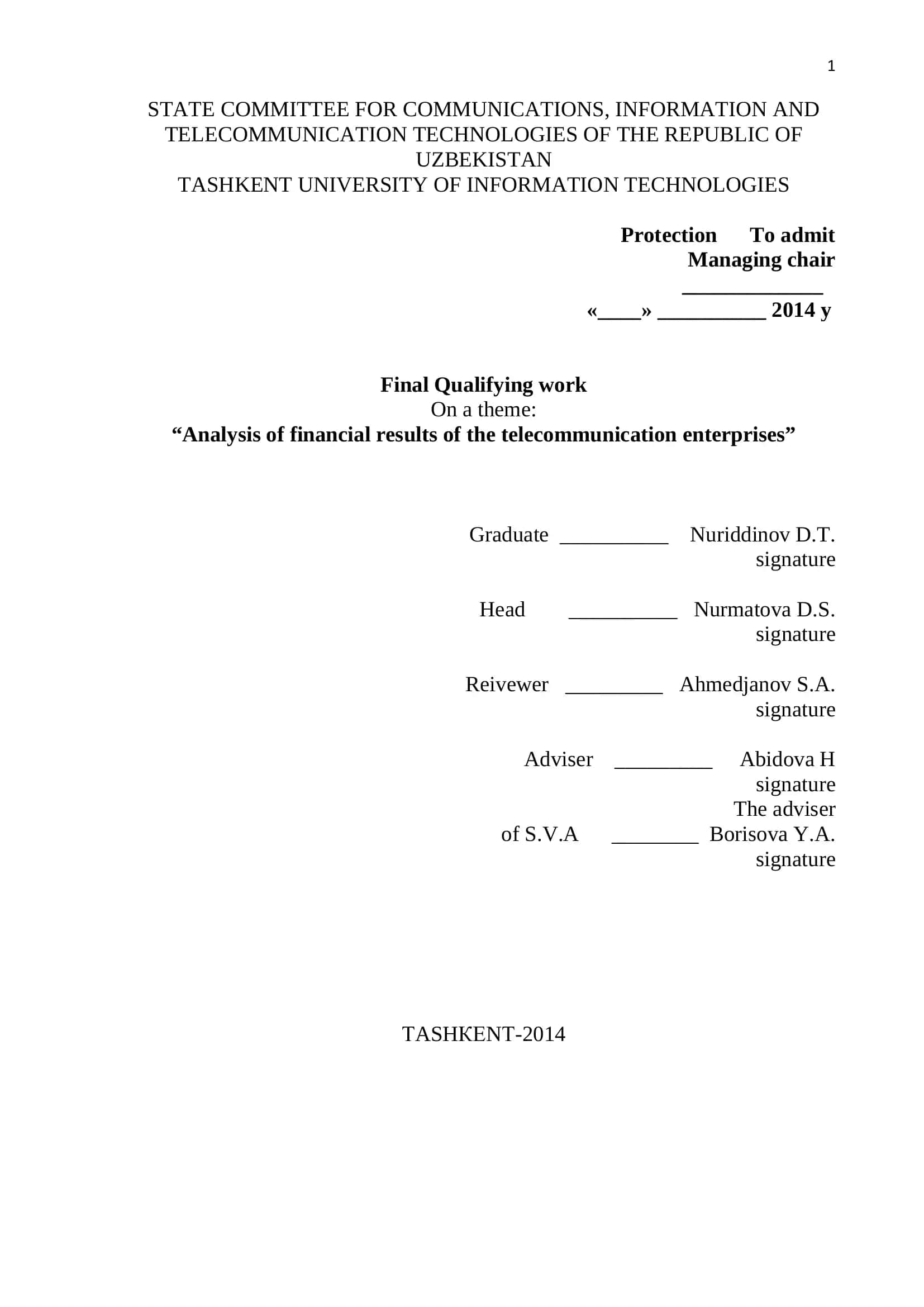 Analysis of financial results of the telecommunication enterprises 1
