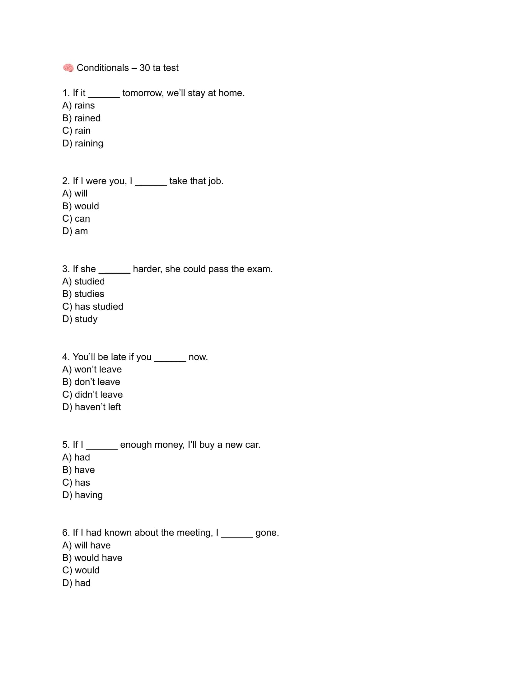 conditionals mavzusidan 30talik test 1