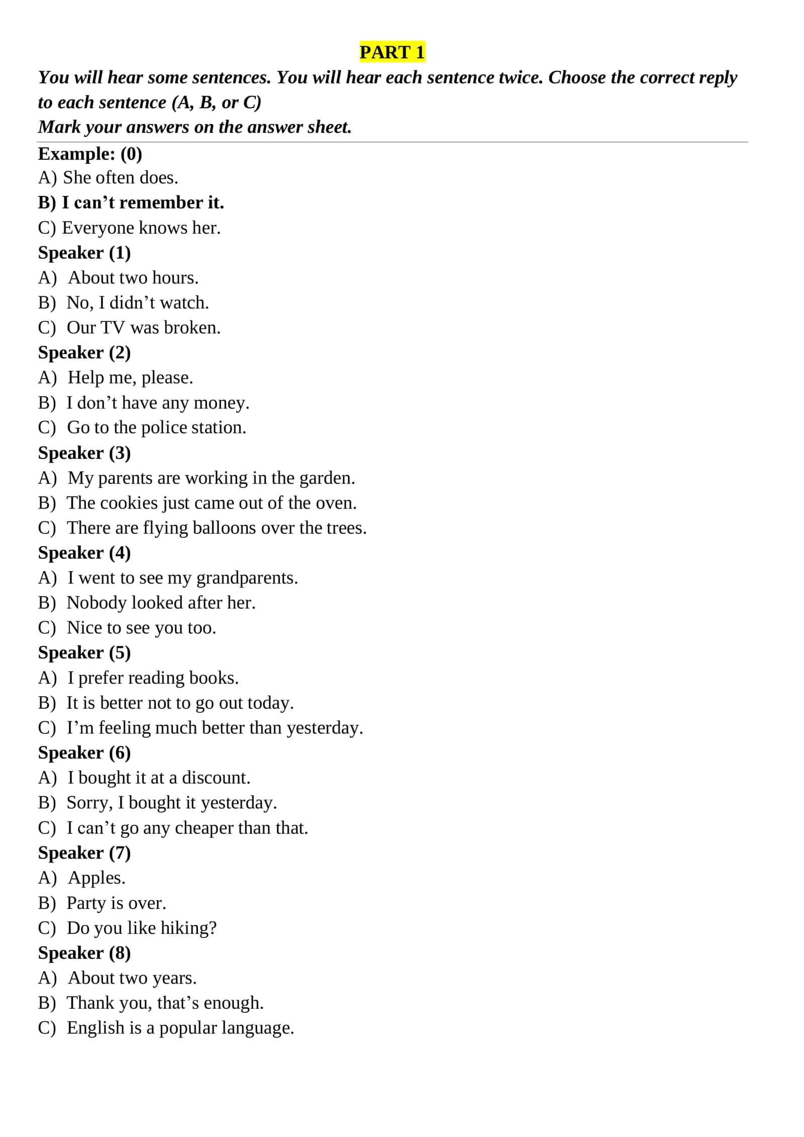 Part 1 Listening Comprehension Practice 1
