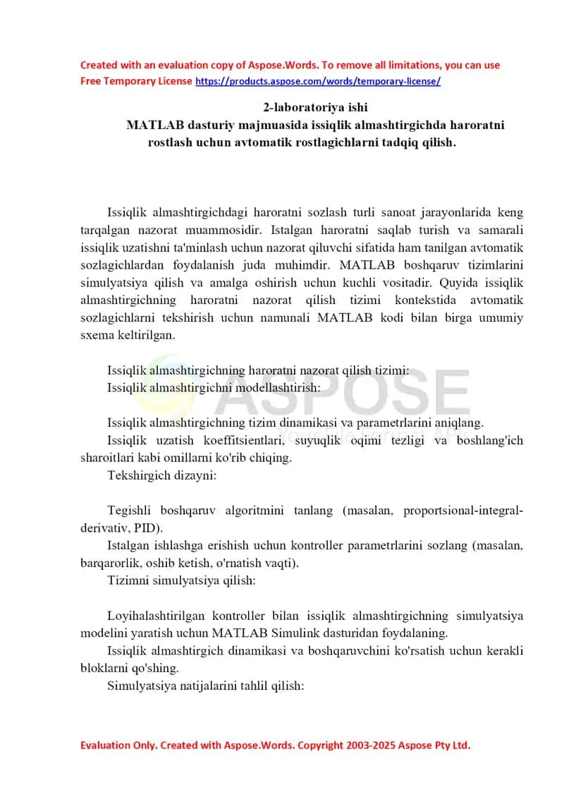 Heat Exchanger Temperature Control MATLAB Simulink modeli 1
