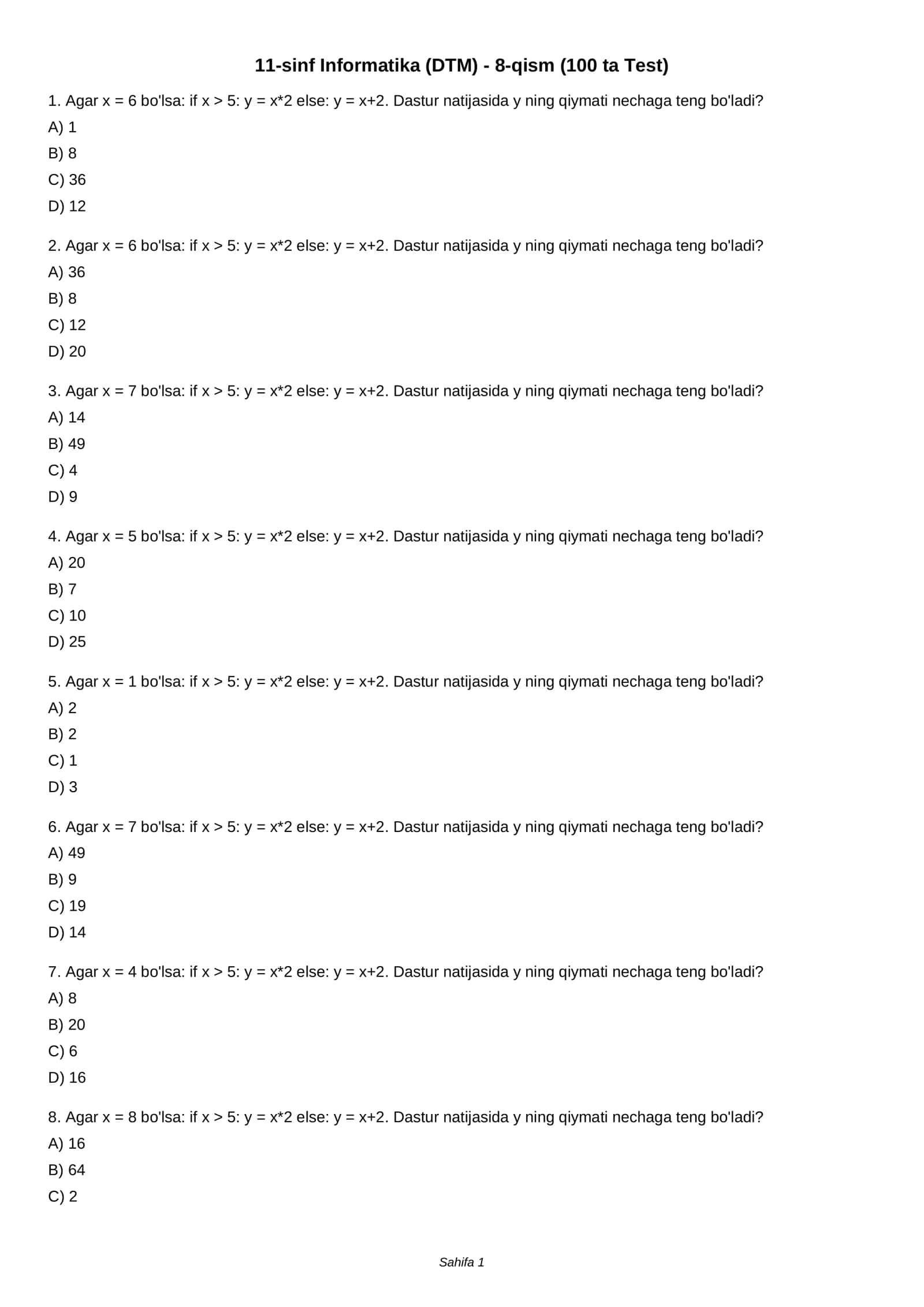 11-sinf Informatika (DTM) - 8-qism (100 ta Test) 1
