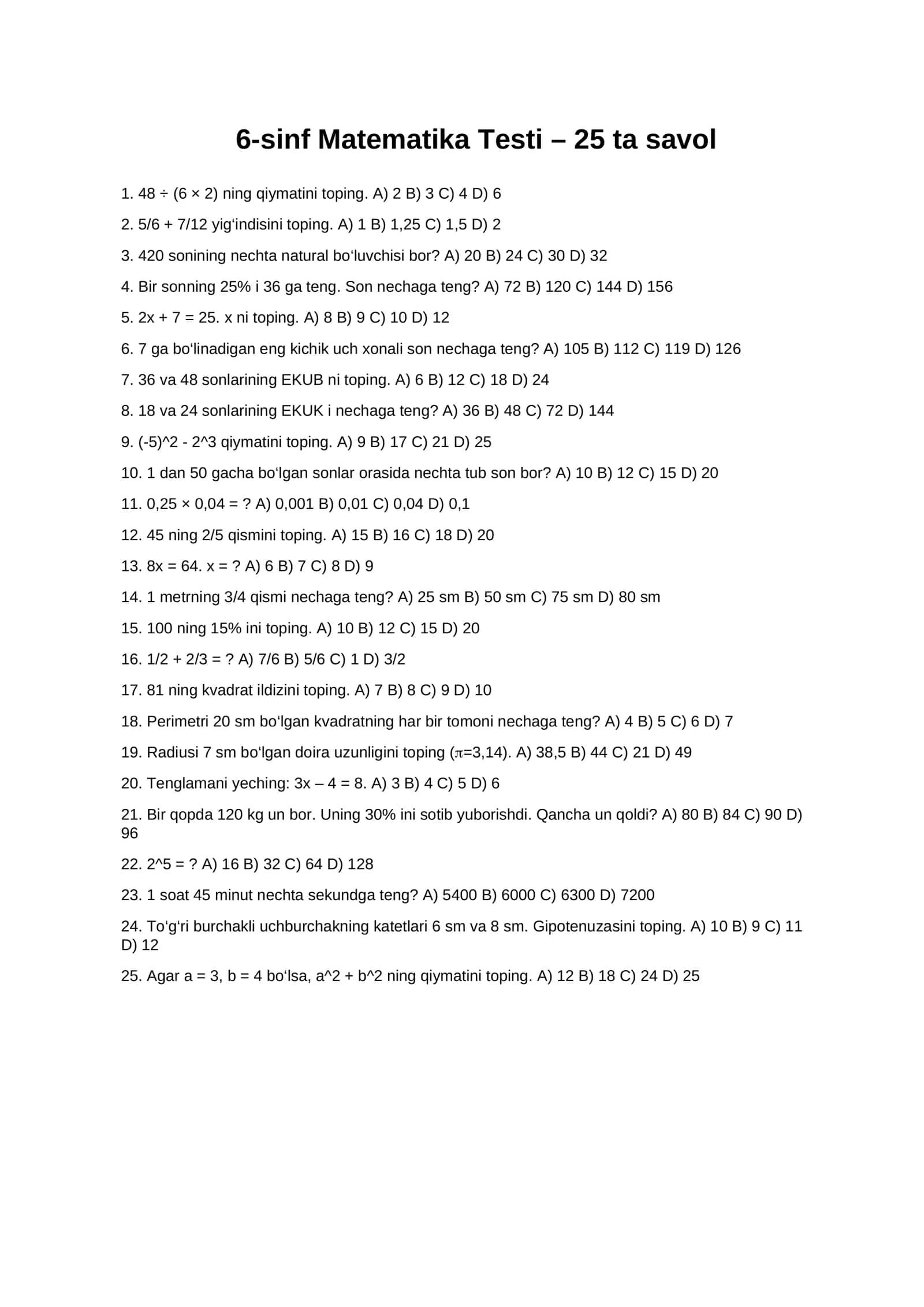 Matematikadan testlar 1