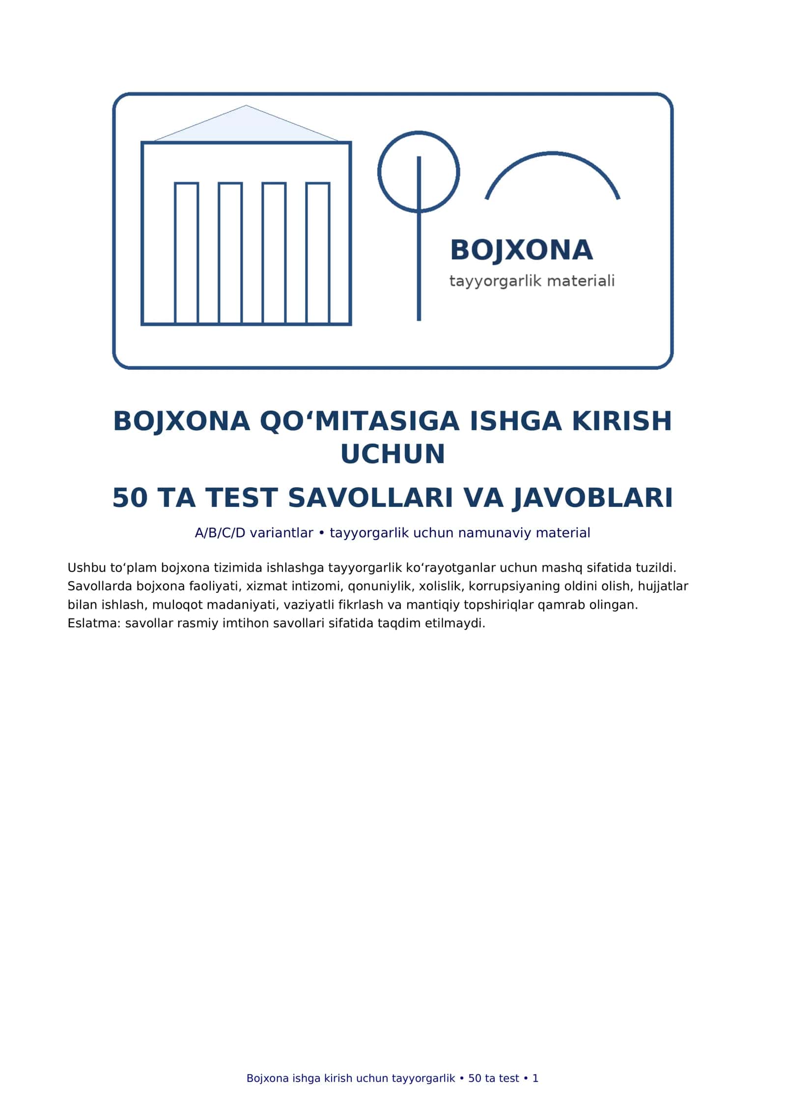 Bojxona qo‘mitasiga ishga kirish uchun  test savollari va javoblari 1