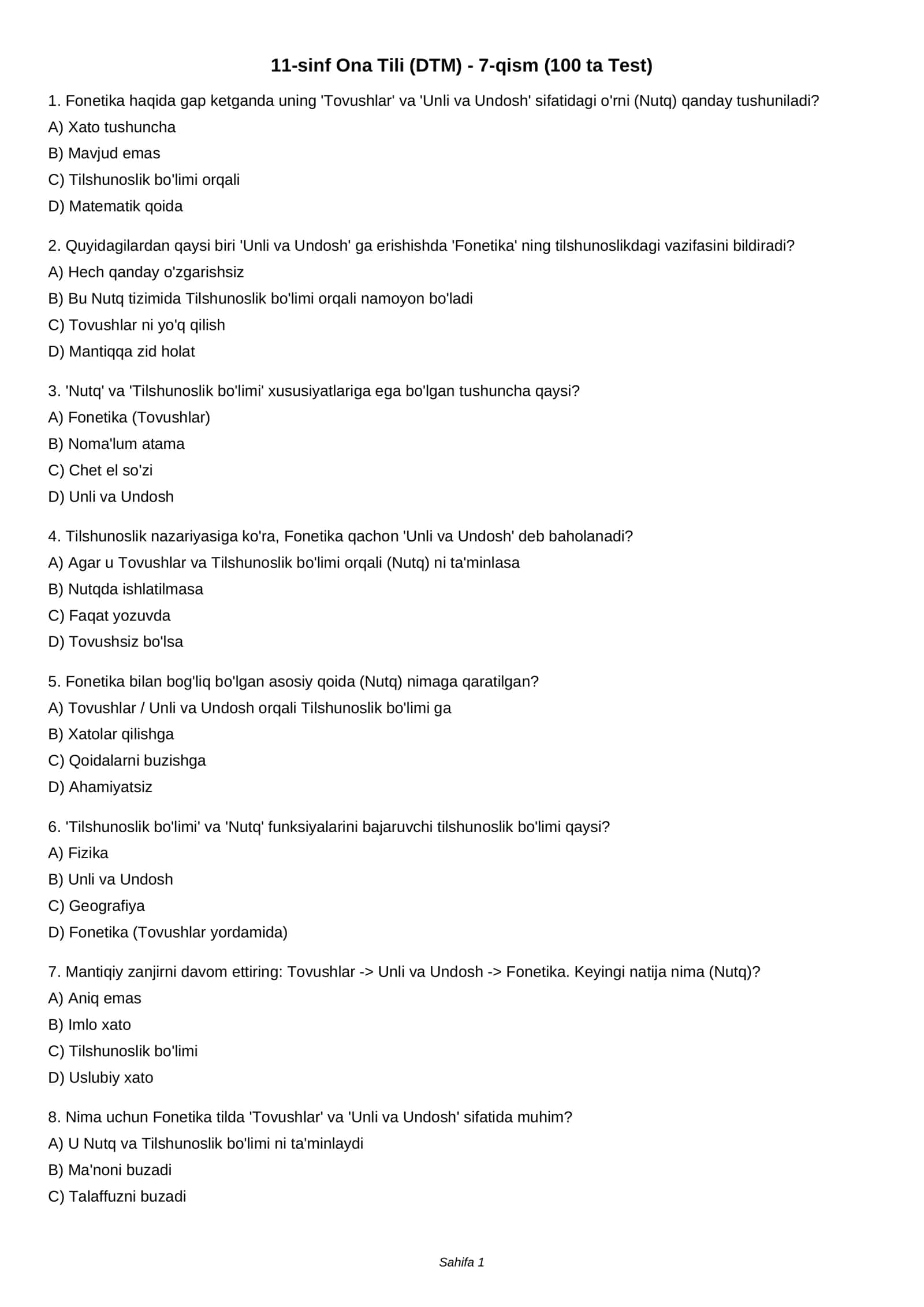 11-sinf Ona Tili (DTM) - 7-qism (100 ta Test) 1