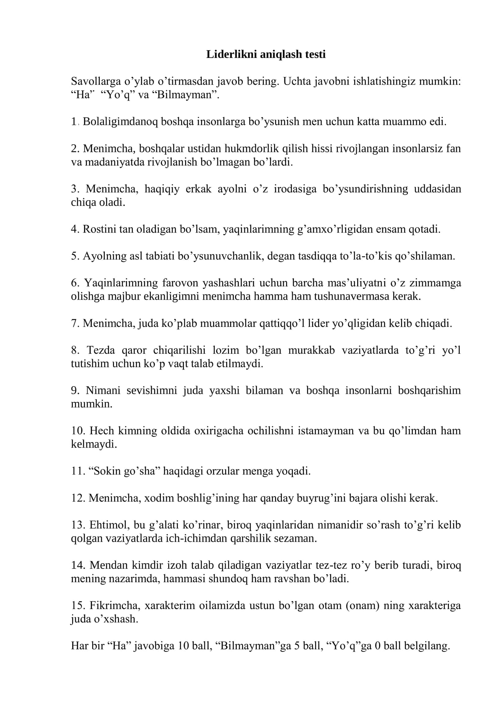 Liderlikni aniqlash testi (javoblari bilan) 1