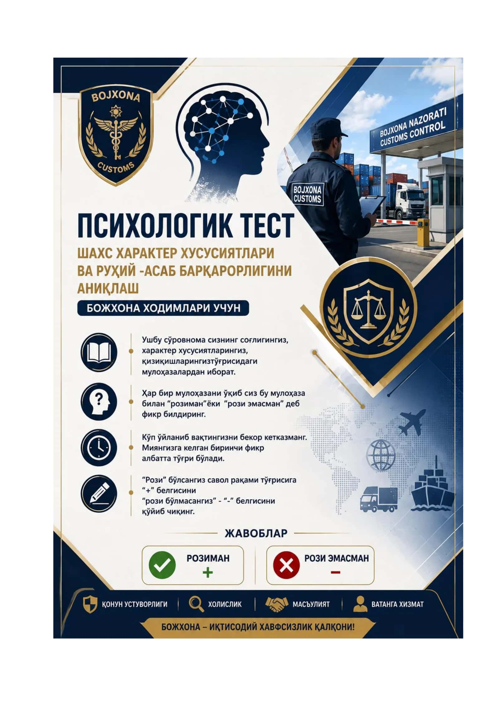 Bojxona qo‘mitasiga ishga kirish uchun test savol-javoblar to‘plami 1