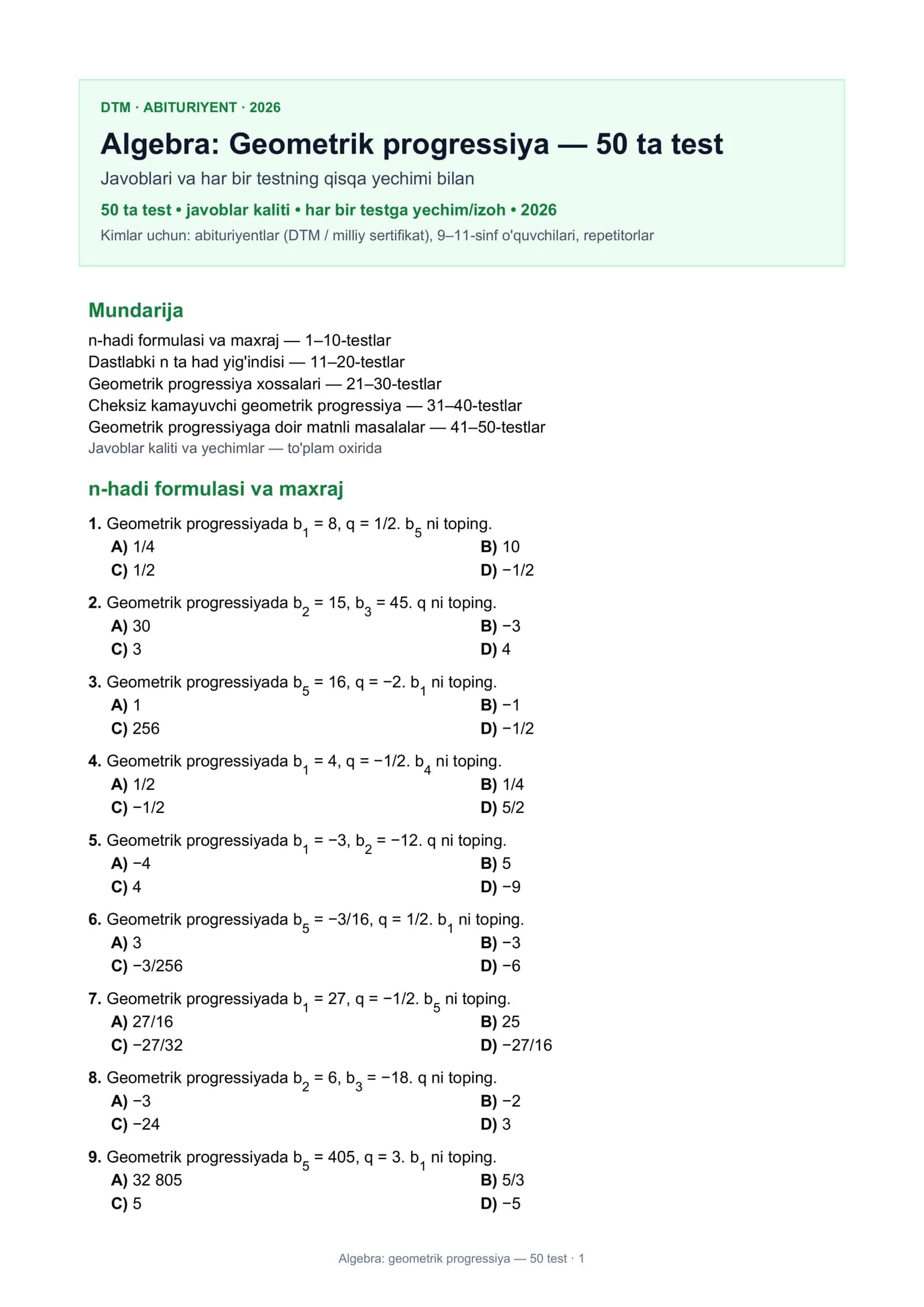 Algebra: Geometrik progressiya 1