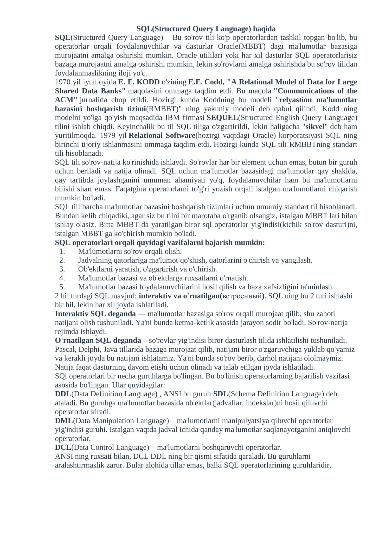 SQL(Structured Query Language) haqida 1