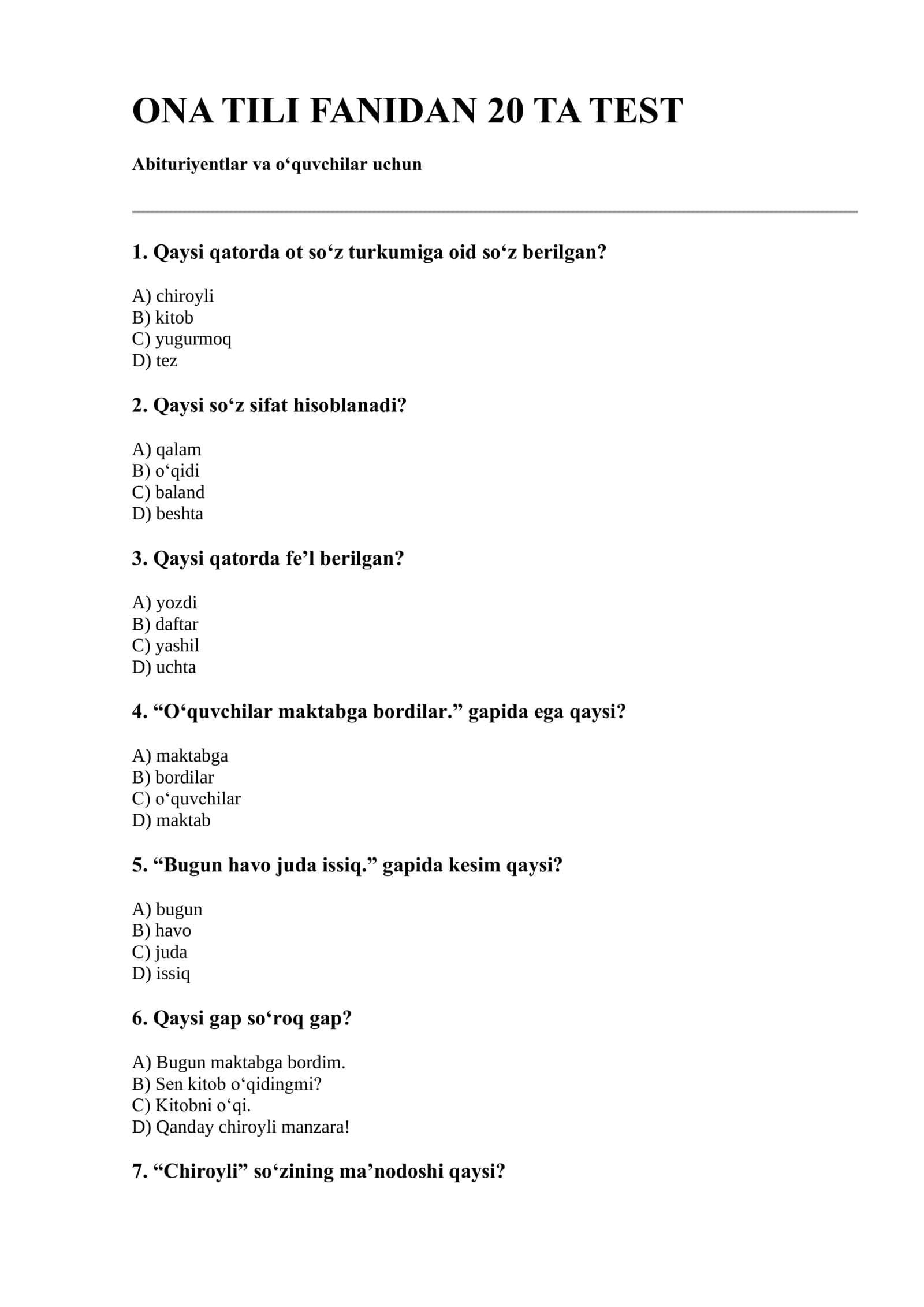 ONA TILI FANIDAN 20 TA TEST 1