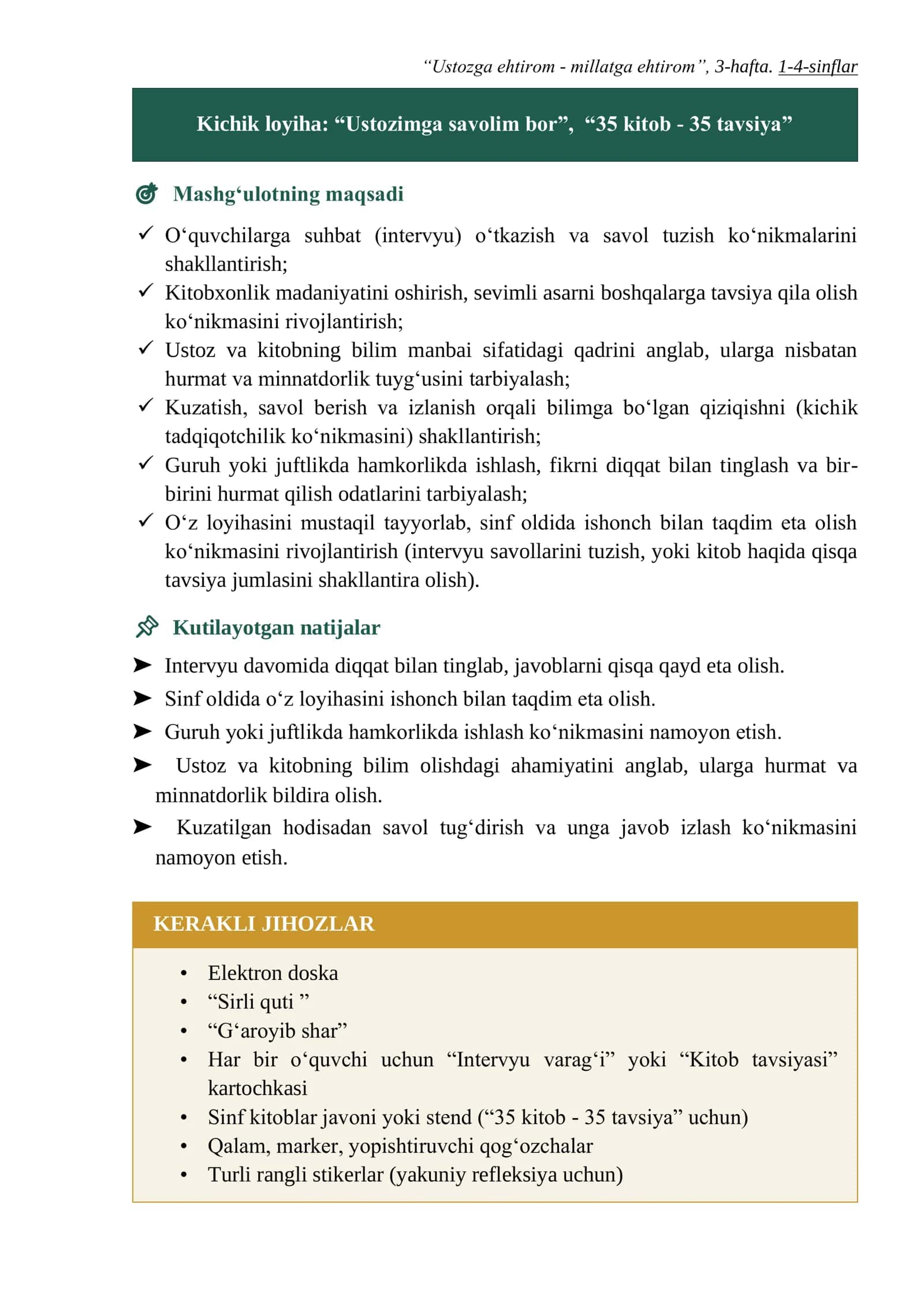 "Ustozga ehtirom - millatga ehtirom", 3-hafta. 1-4-sinflar 1