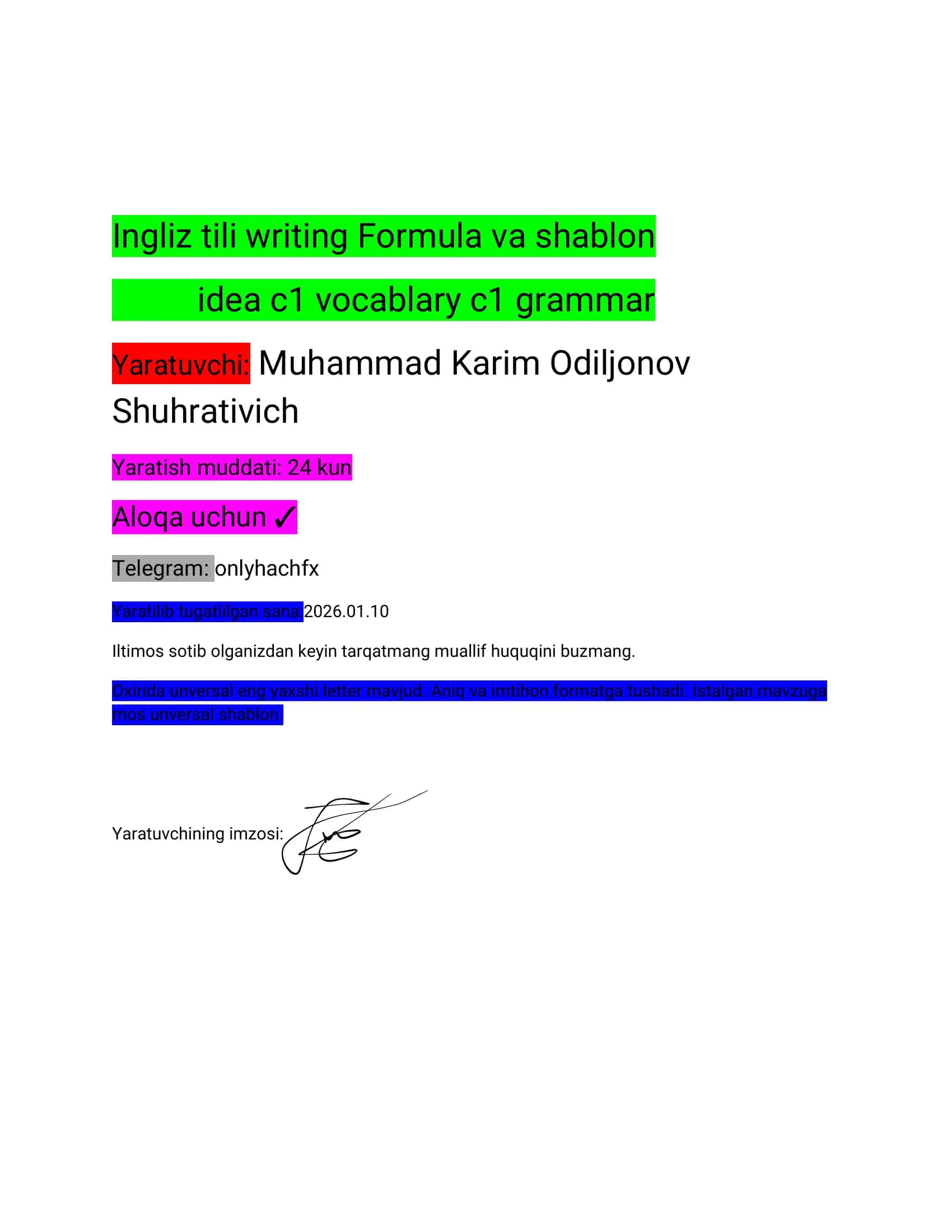 Ingliz tili writing Formula va shablon 1