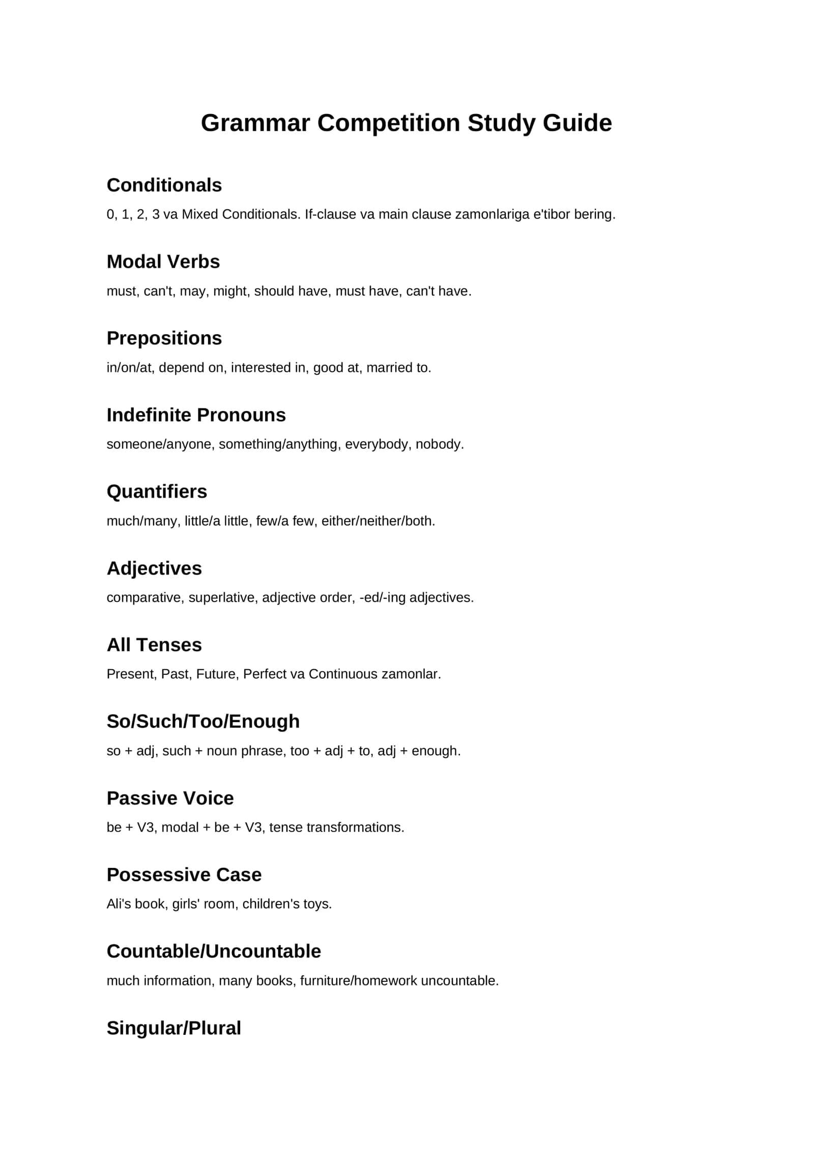 Grammar Competition Study Guide 1