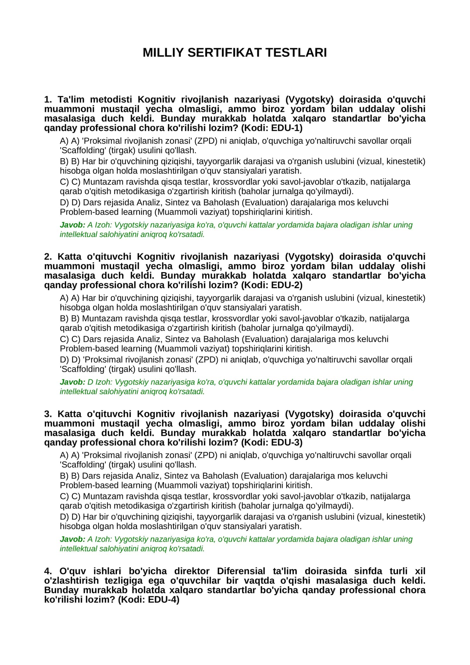 MILLIY SERTIFIKAT TESTLARI 1