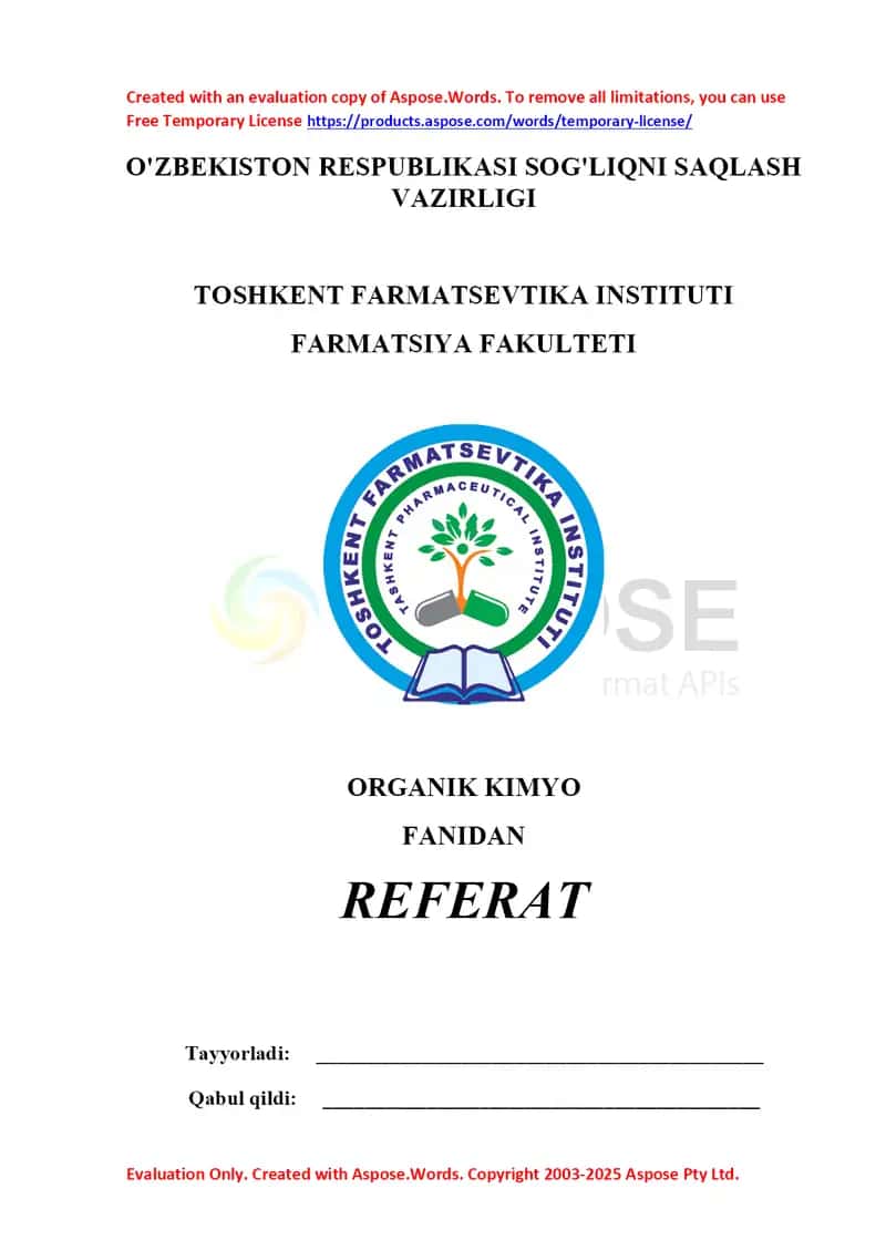 13. Ikki asosli karbon kislotalarning olinish usullari. Ftal kislota va uning hosilalari, ftalangidrid, ftalamid 2. Referat 15 bet 1
