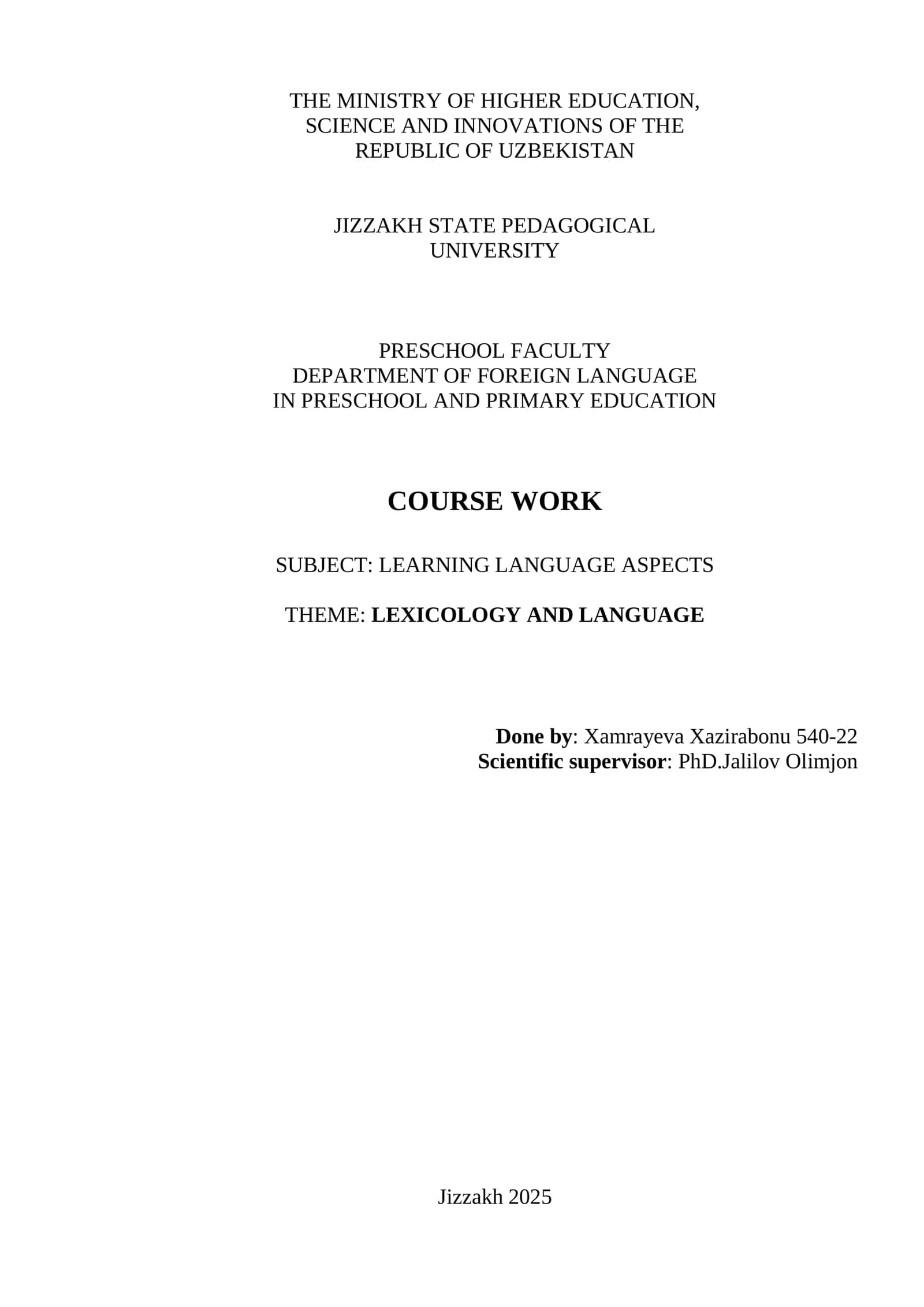 COURSE WORK ON LEXICOLOGY AND LANGUAGE 1