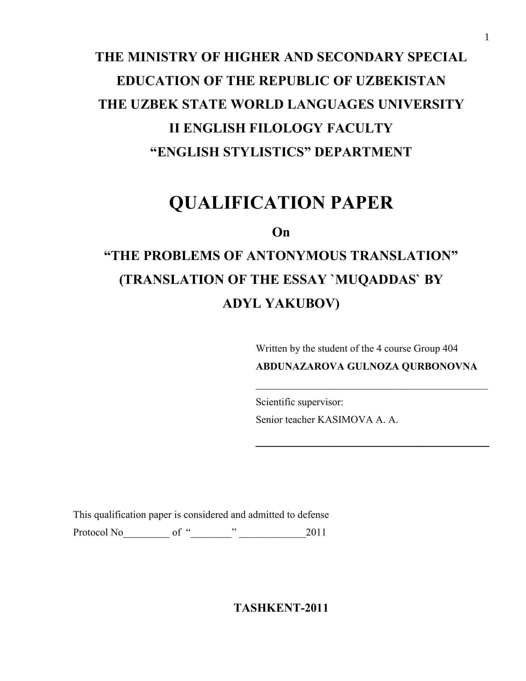 QUALIFICATION PAPER ON “THE PROBLEMS OF ANTONYMOUS TRANSLATION” 1