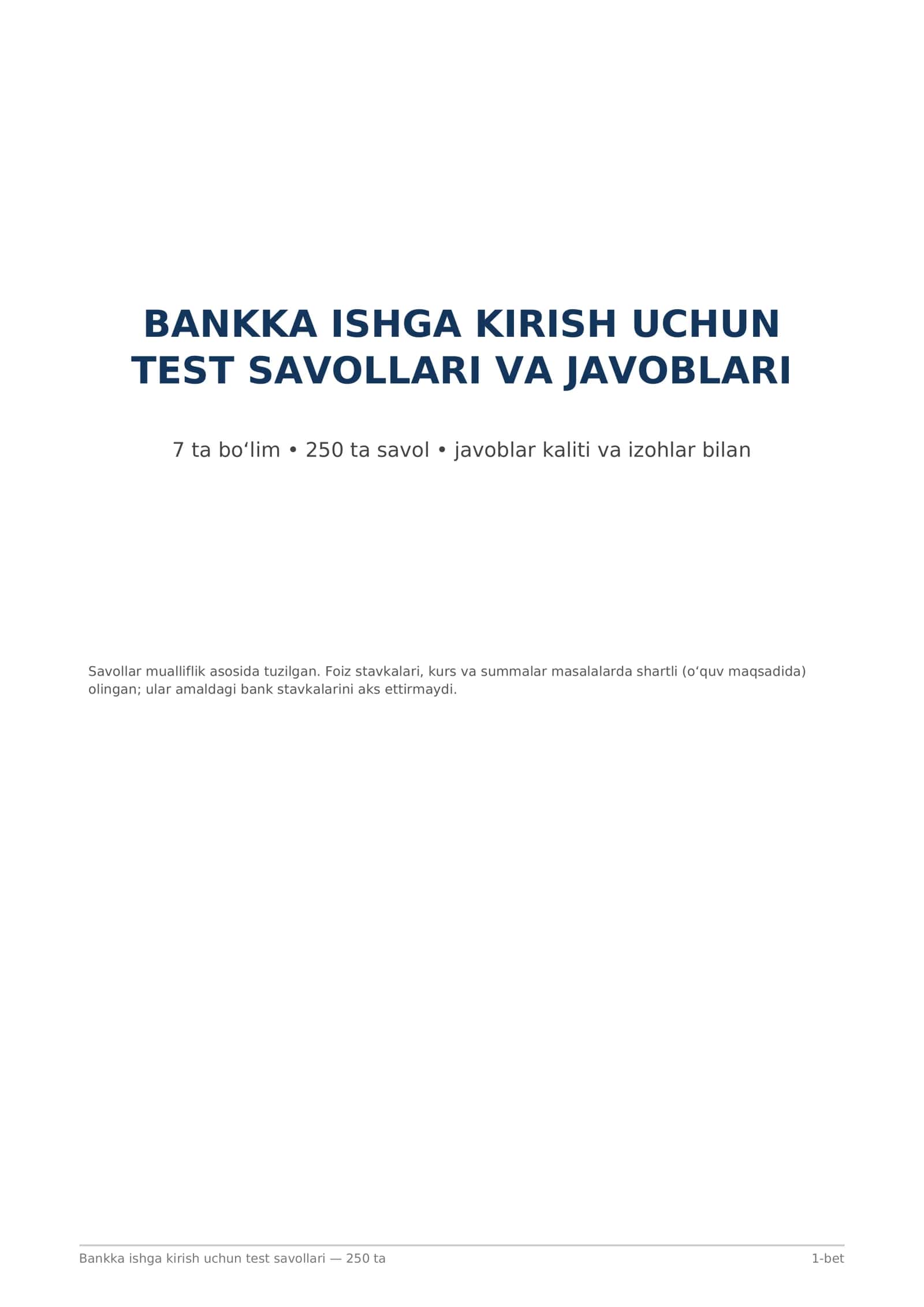 Bankka ishga kirish uchun test savollari 1