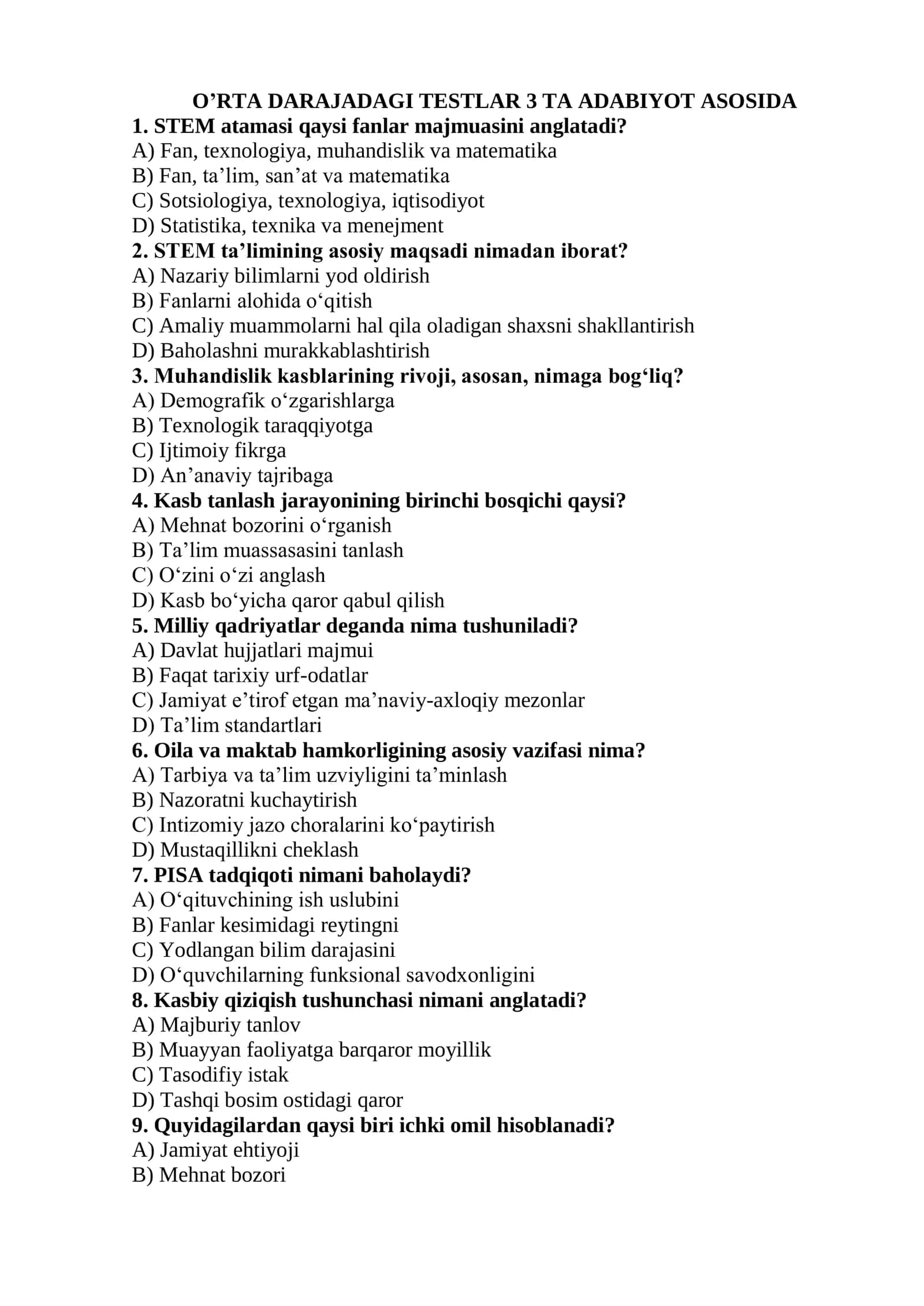 O‘rta daraja maslahatchi uchun test 1