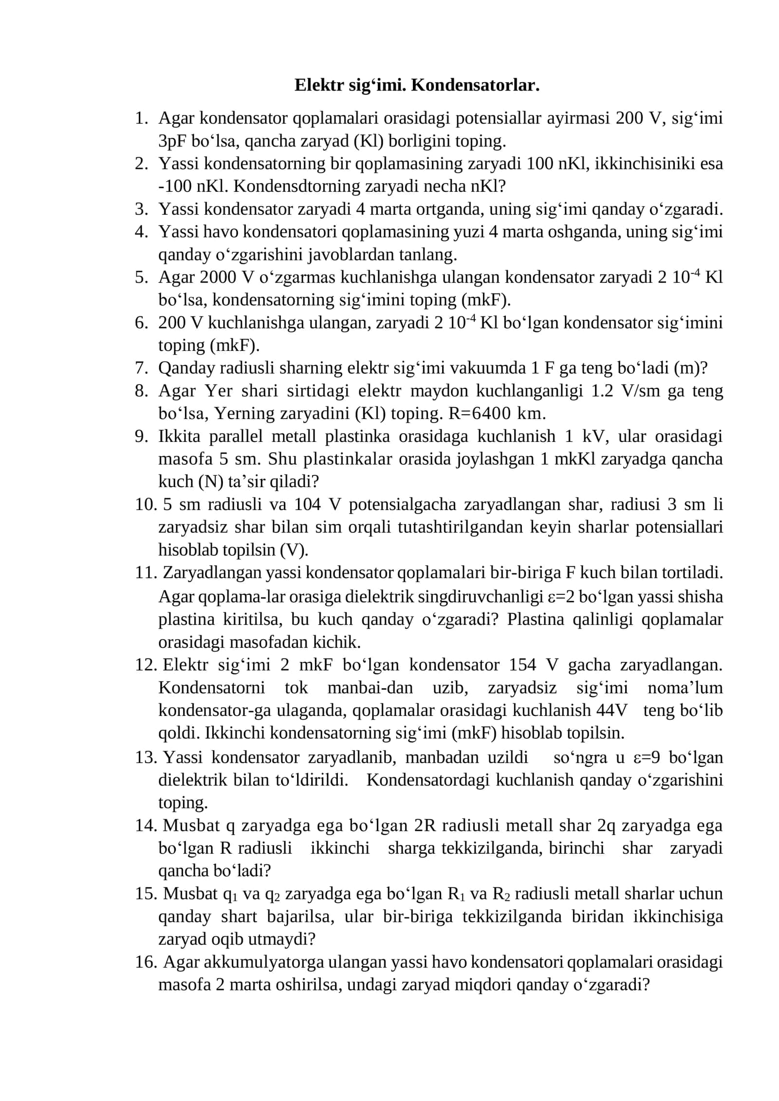 Elektr sig‘imi. Kondensatorlar 1