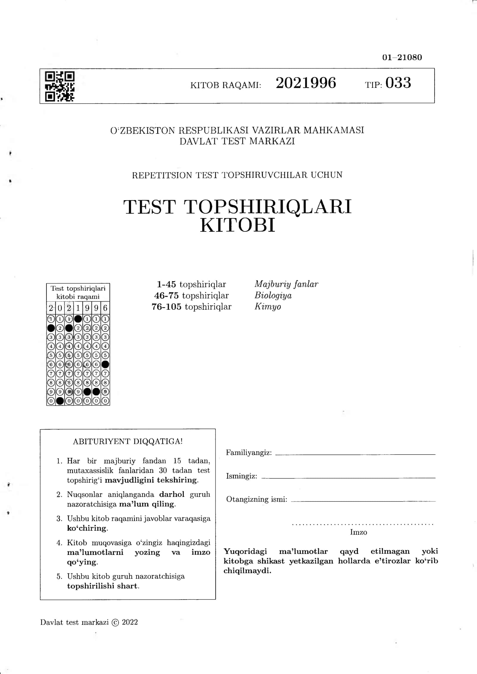 Test topshiriqlari kitobi 1