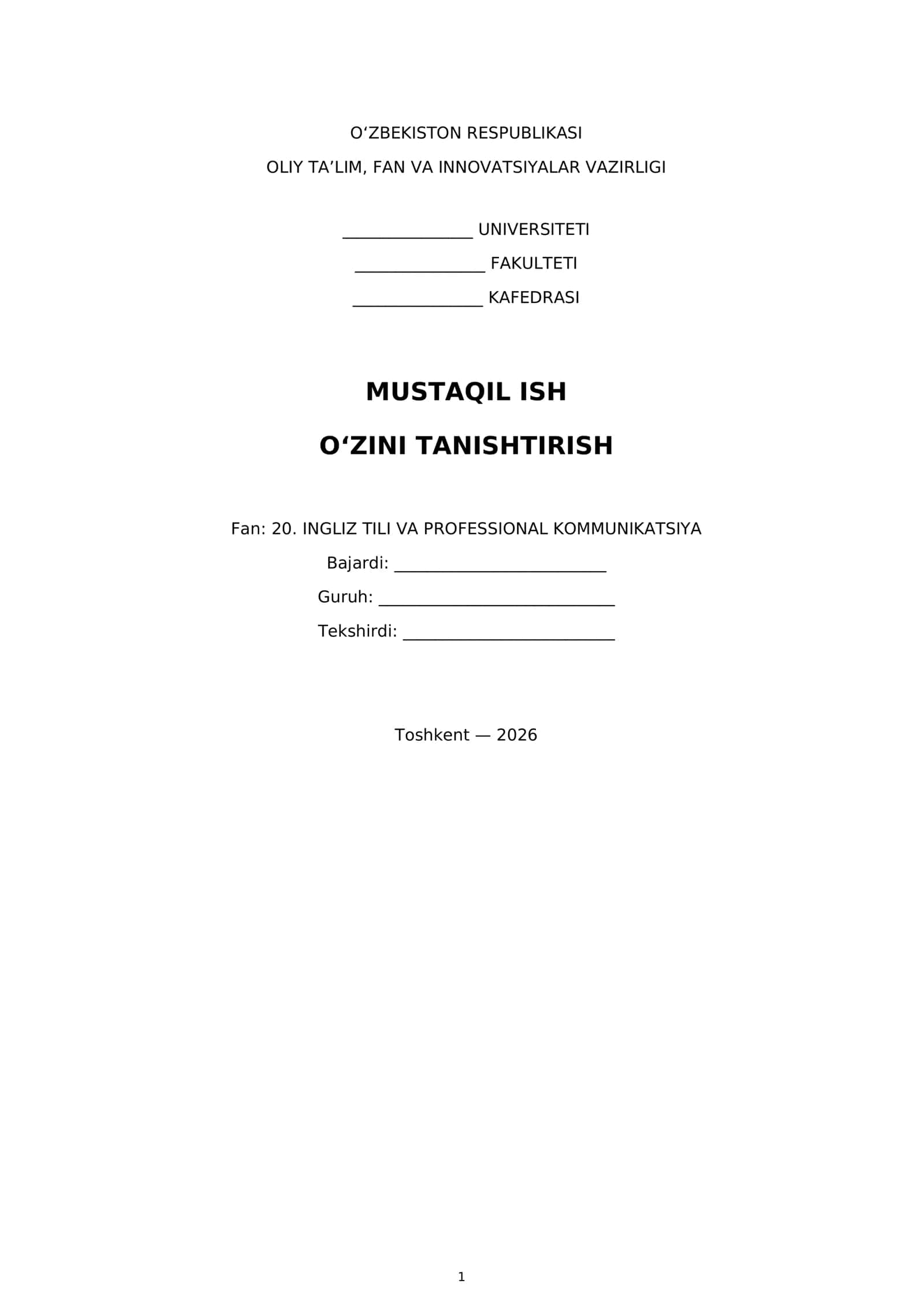 Mavzu: O‘ZINI TANISHTIRISH 1