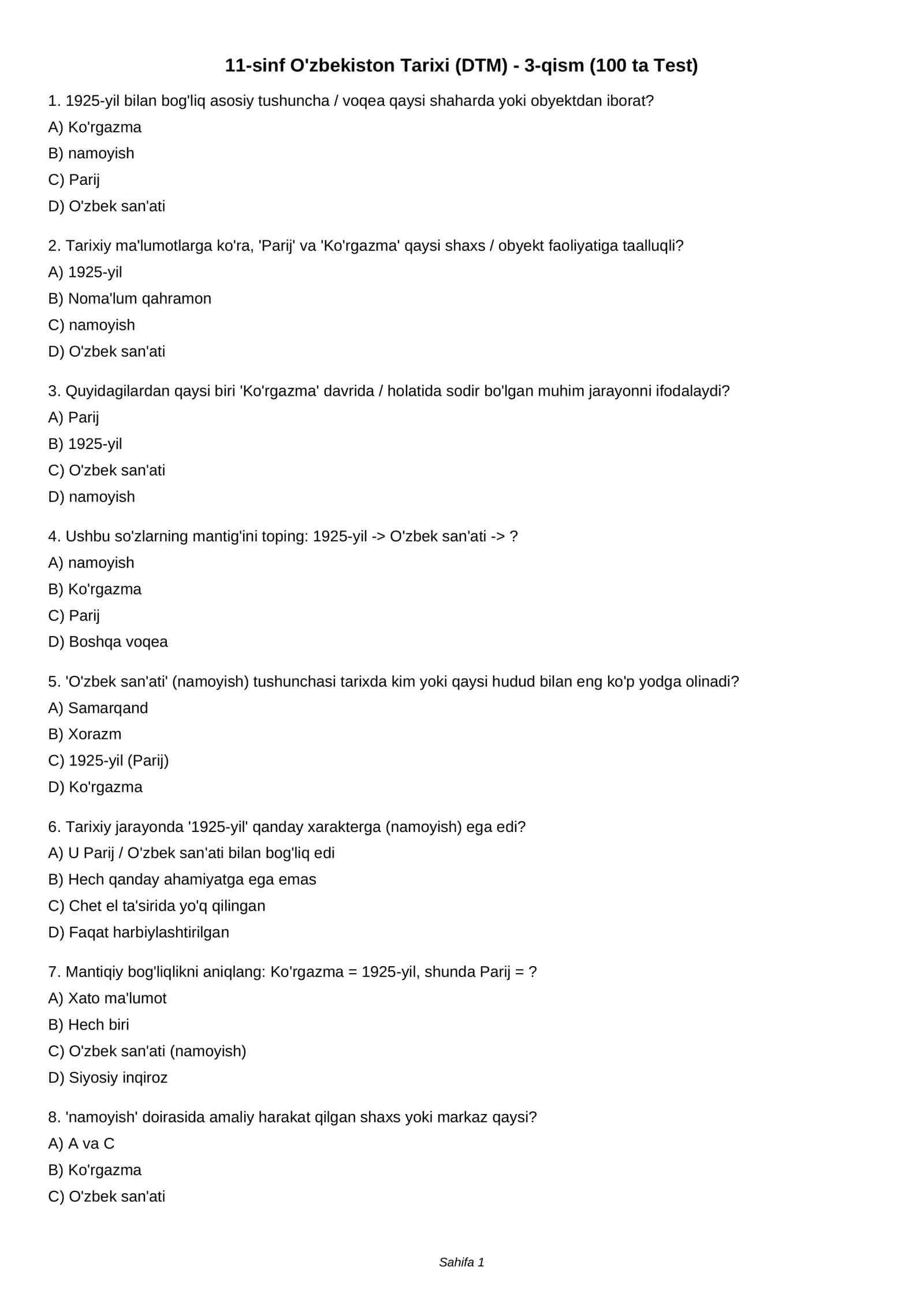 11-sinf O'zbekiston Tarixi (DTM) - 3-qism (100 ta Test) 1