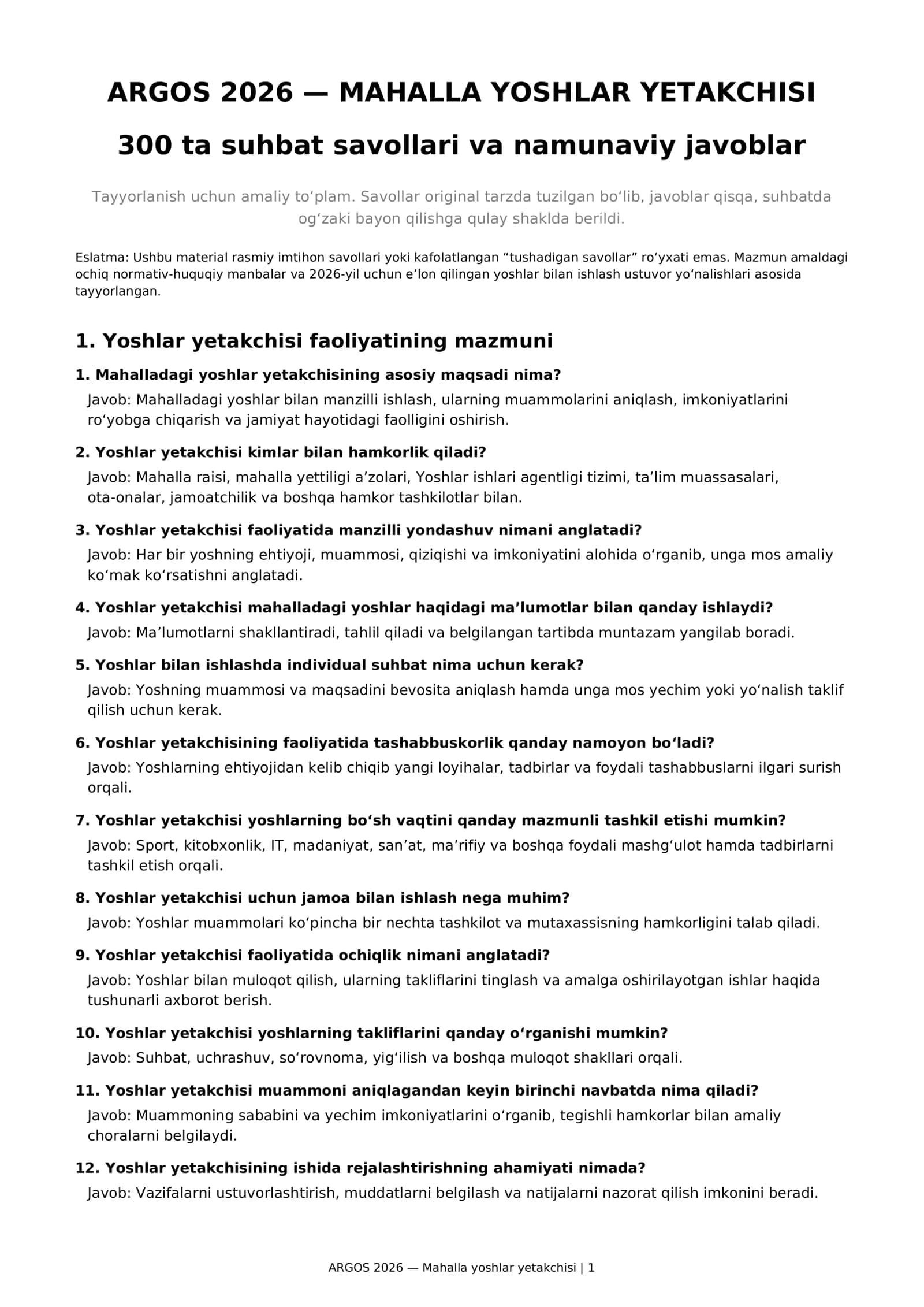 ARGOS 2026 — Mahalla yoshlar yetakchisi 300 ta suhbat savollari va javoblari 1