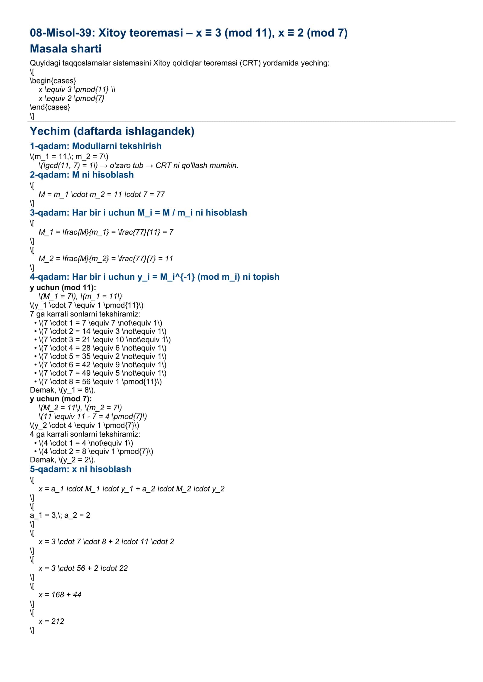 Xitoy qoldiqlar teoremasi (CRT) 1
