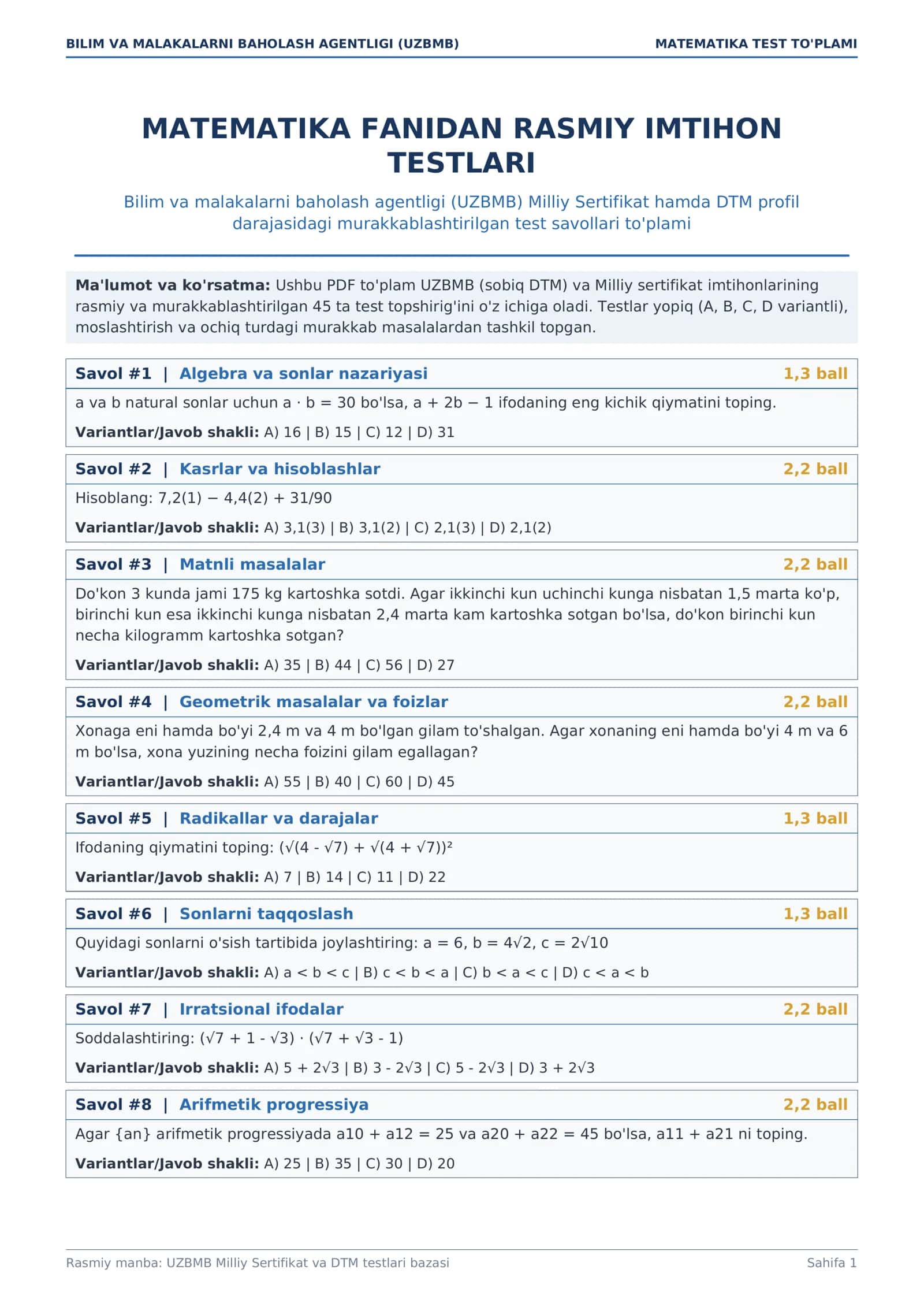 MATEMATIKA TEST TO'PLAMI 1