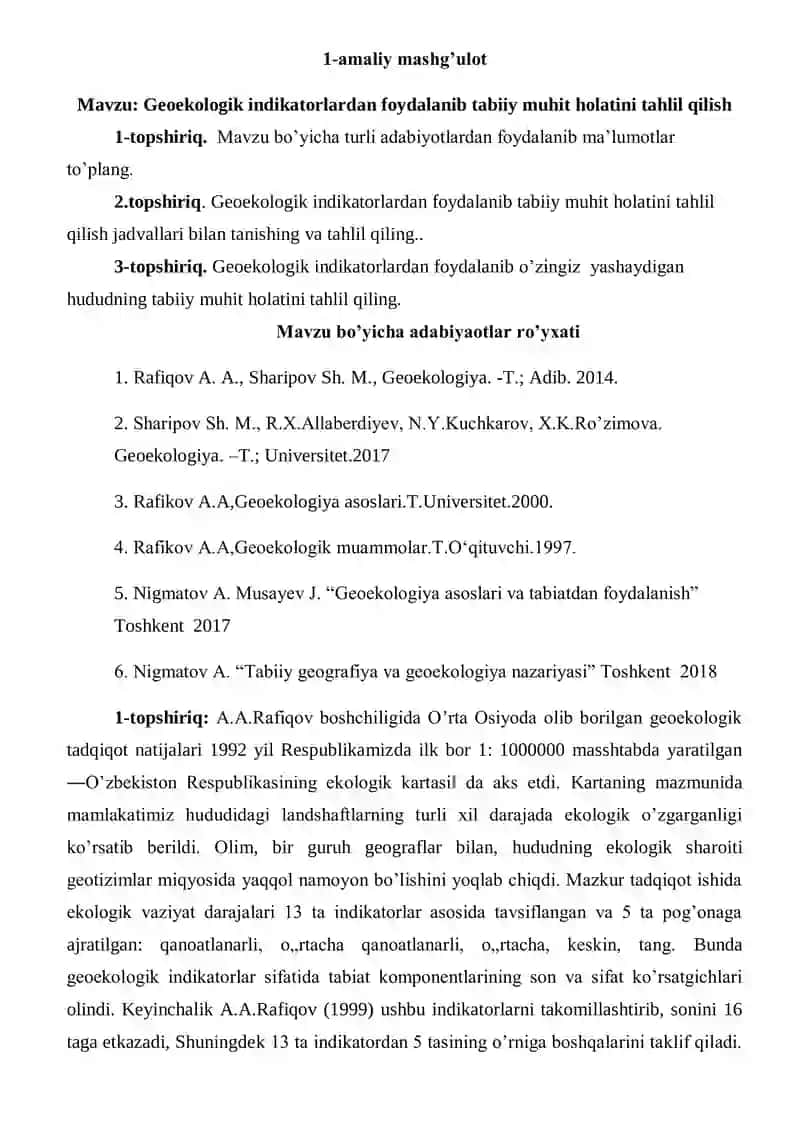 Geoekologik Indikatorlardan foydalanib tabiiy muhit holatini tahlil qilish