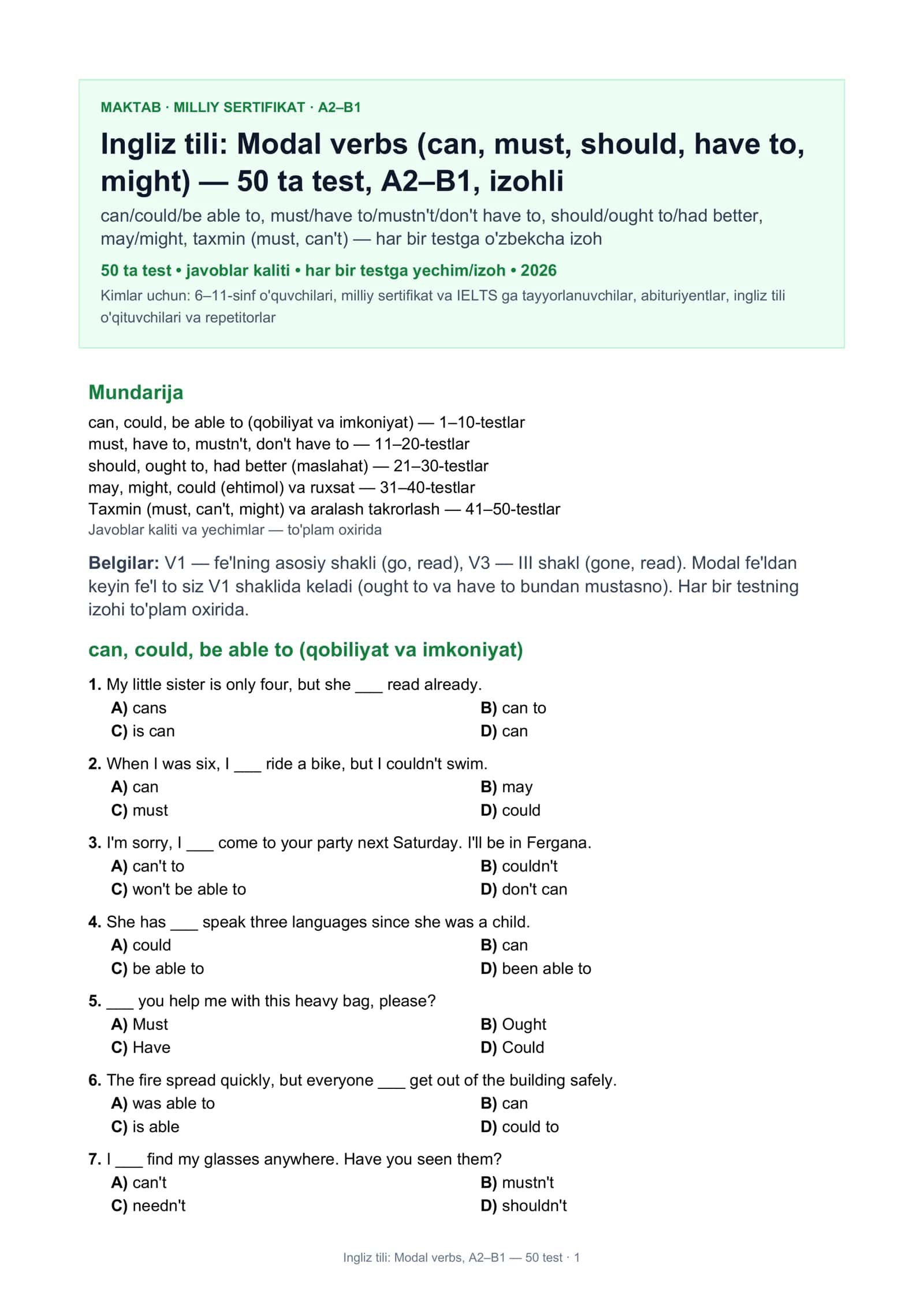 Ingliz tili: Modal verbs, A2–B1 1