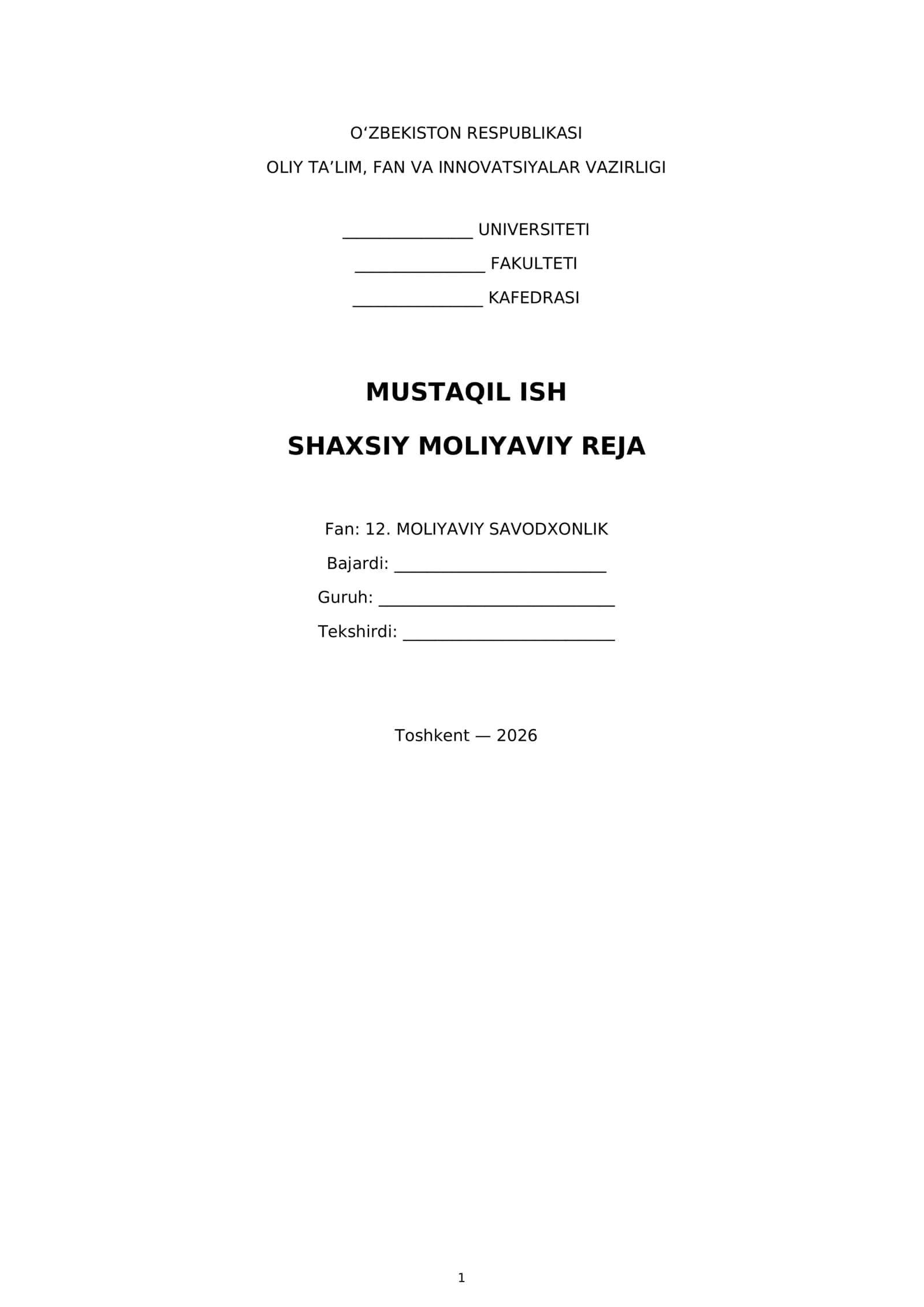 Shaxsiy moliyaviy reja 1