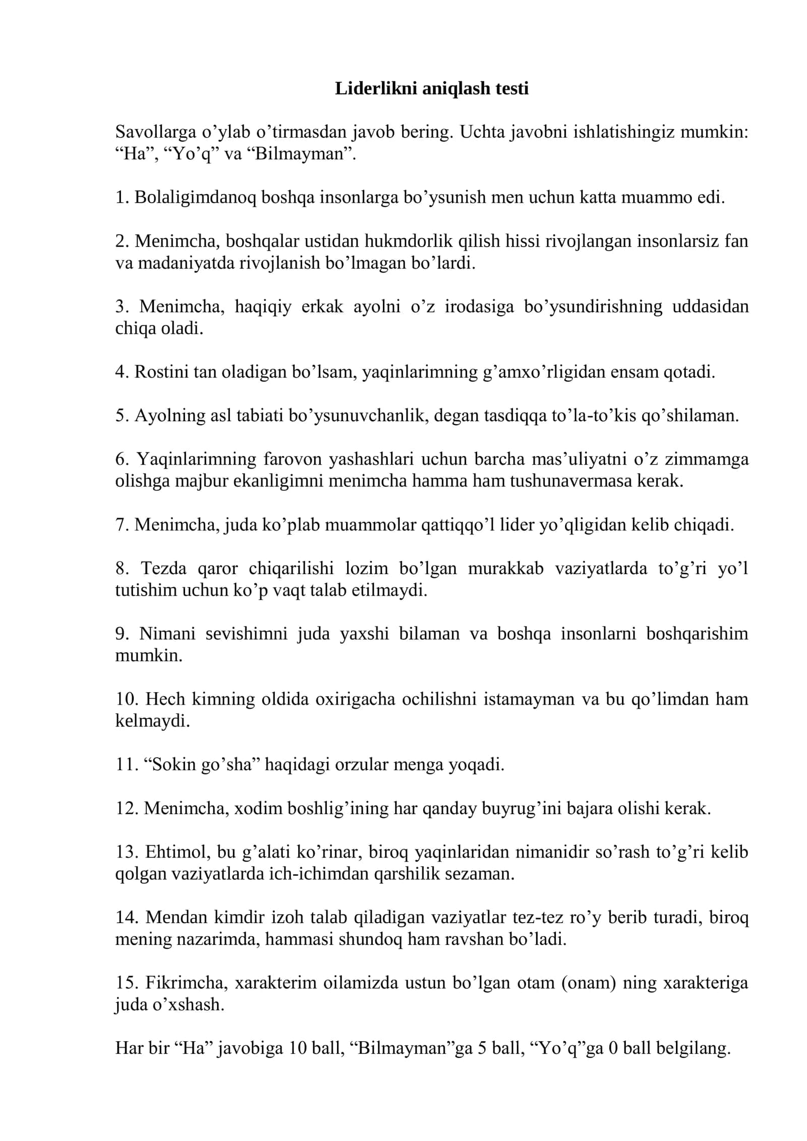 Liderlikni aniqlash testi 1