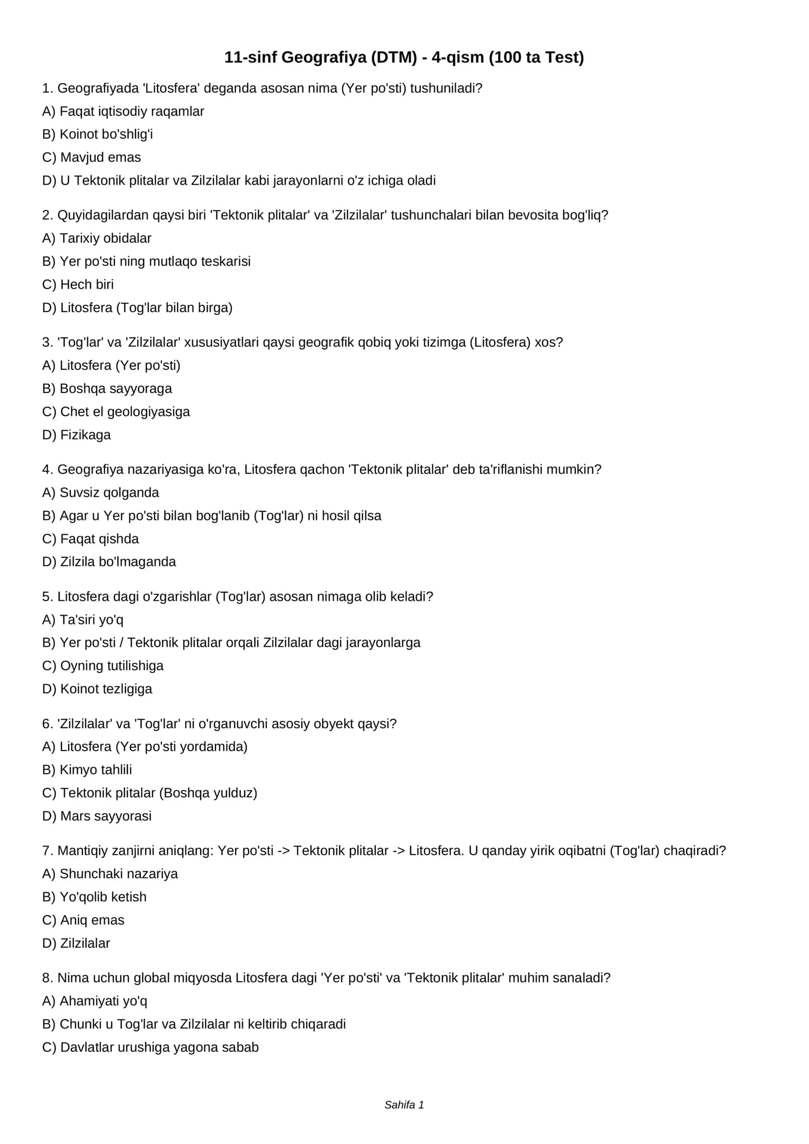 11-sinf Geografiya (DTM) - 4-qism (100 ta Test) 1