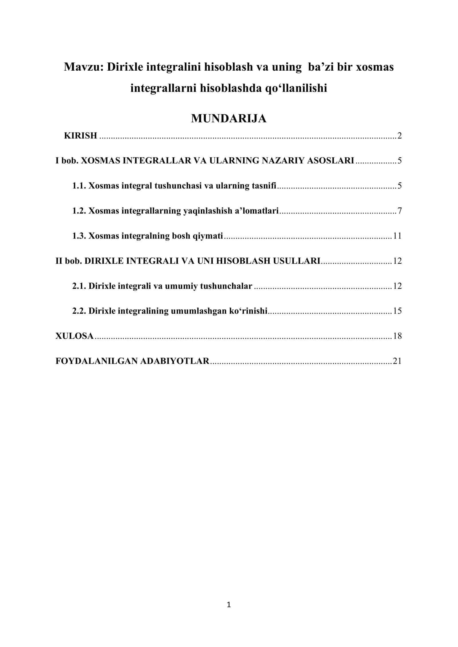 Dirixle integralini hisoblash va uning ba’zi bir xosmas 1